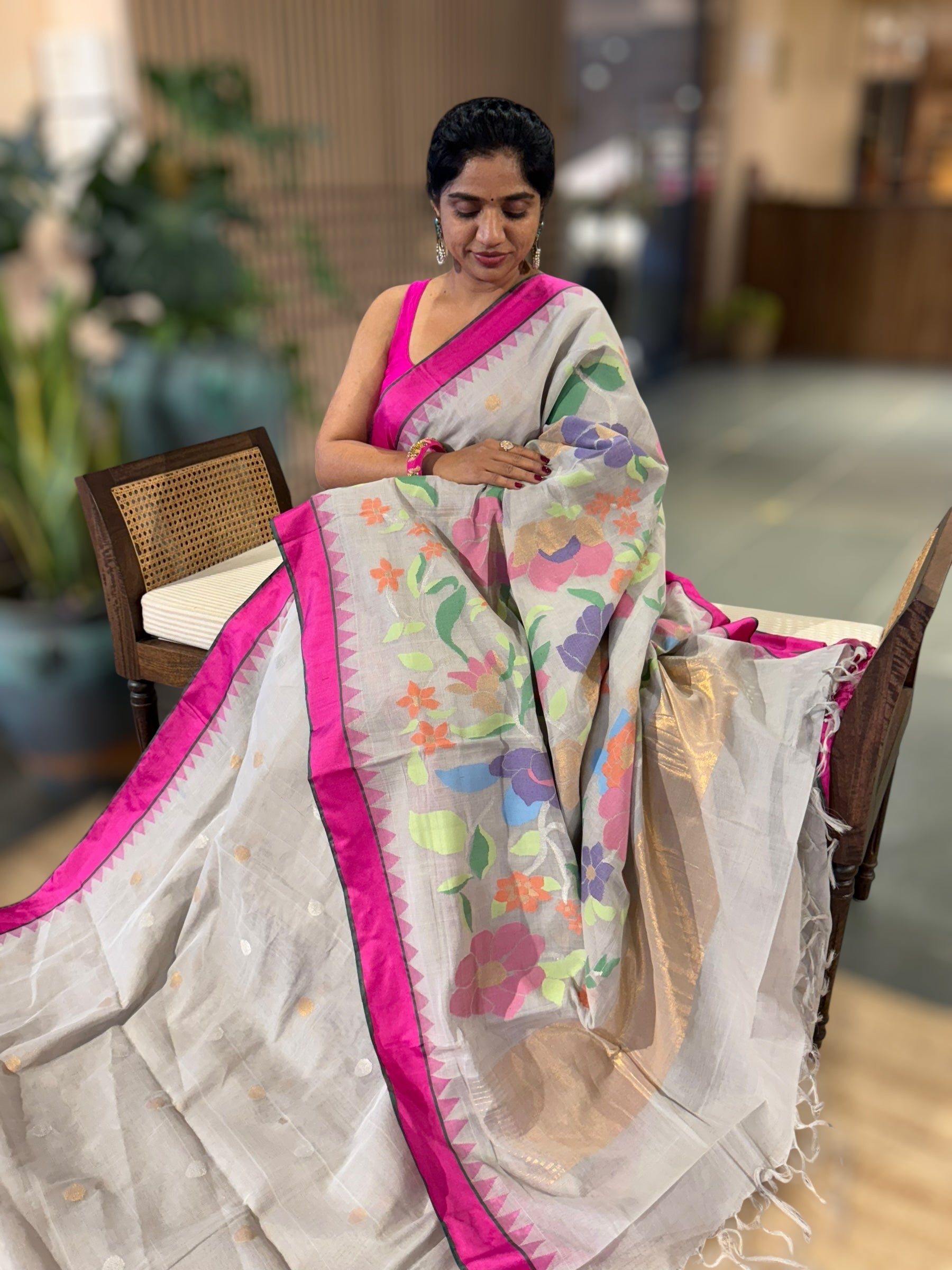 Light Grey Ponduru Khadi Saree with Dollar Buta, Rani Pink Temple Border & Jamda