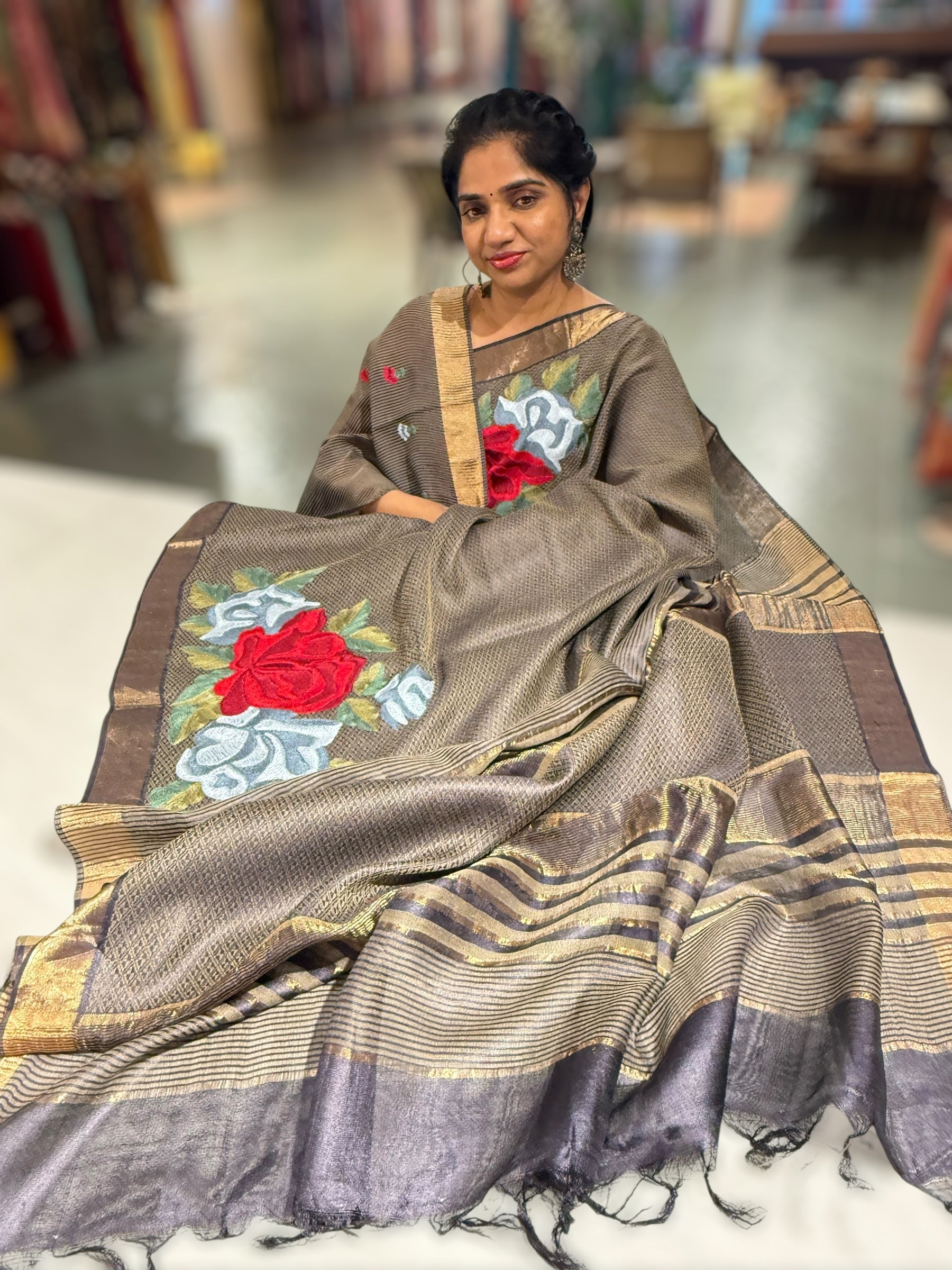 Elephant Grey Tussar Brocade Saree With Statement Red Rose Embroidery.