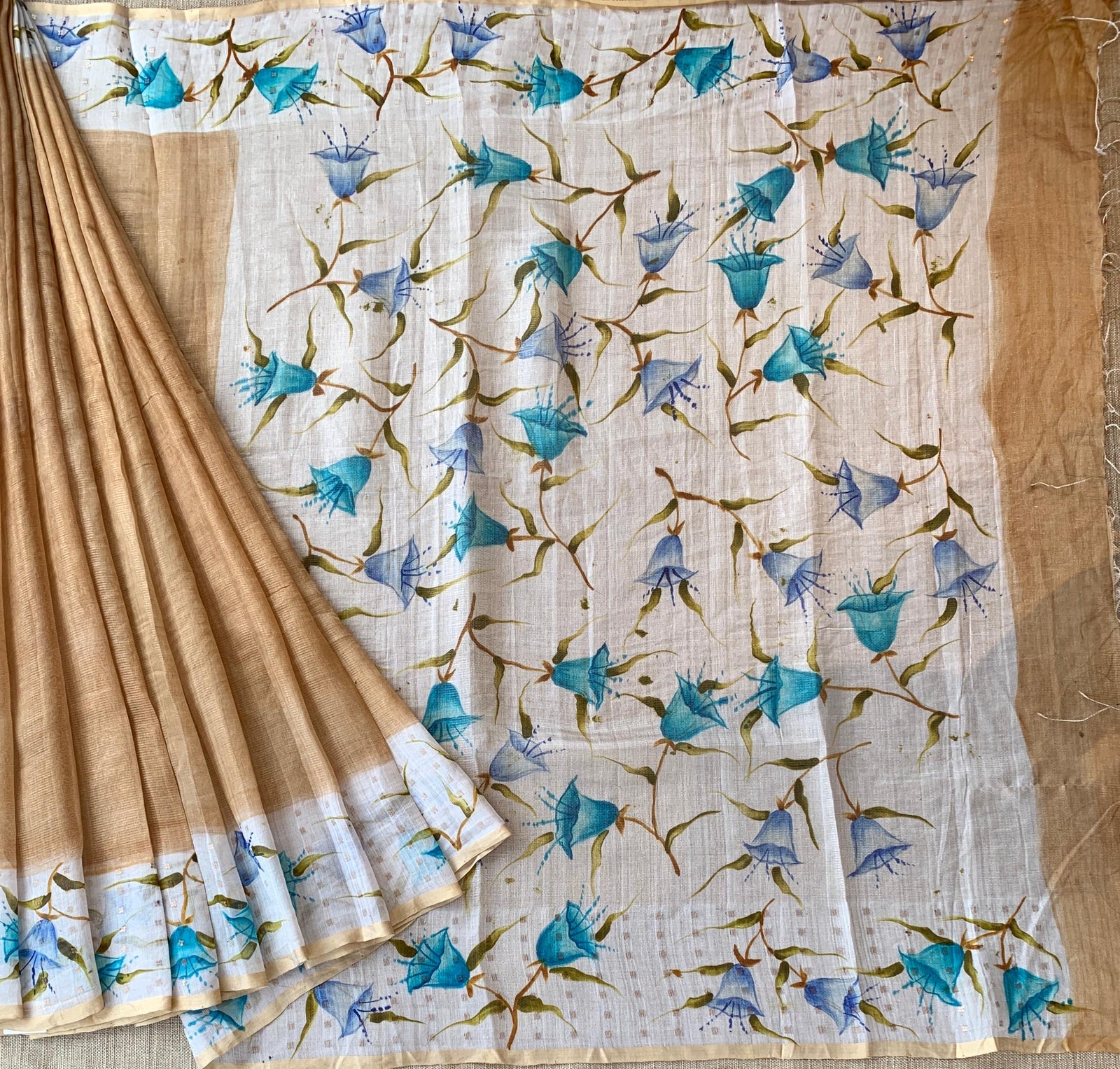 Light Brown Tussar Kota Tissue Saree with Handpainted Muslin Border and Pallu