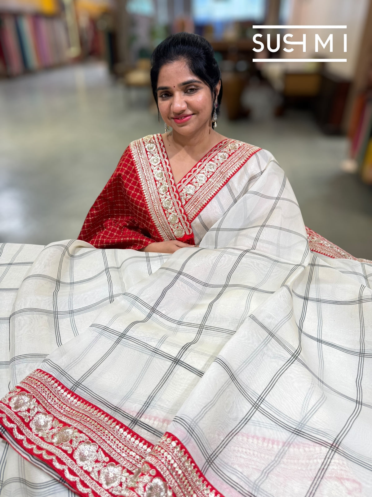 Ivory checks Organza with Sabhya inspired borders : S62F069