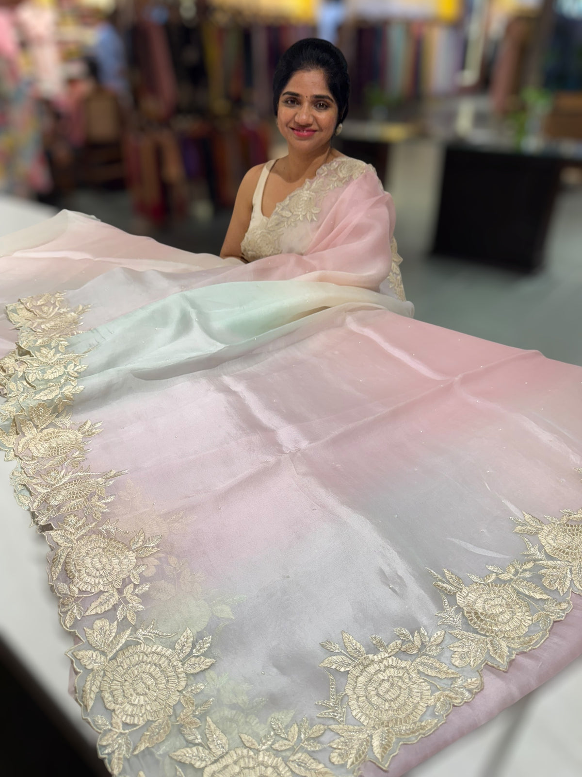 Ombre dyed Pure Organza Saree with parsi gara embroidery