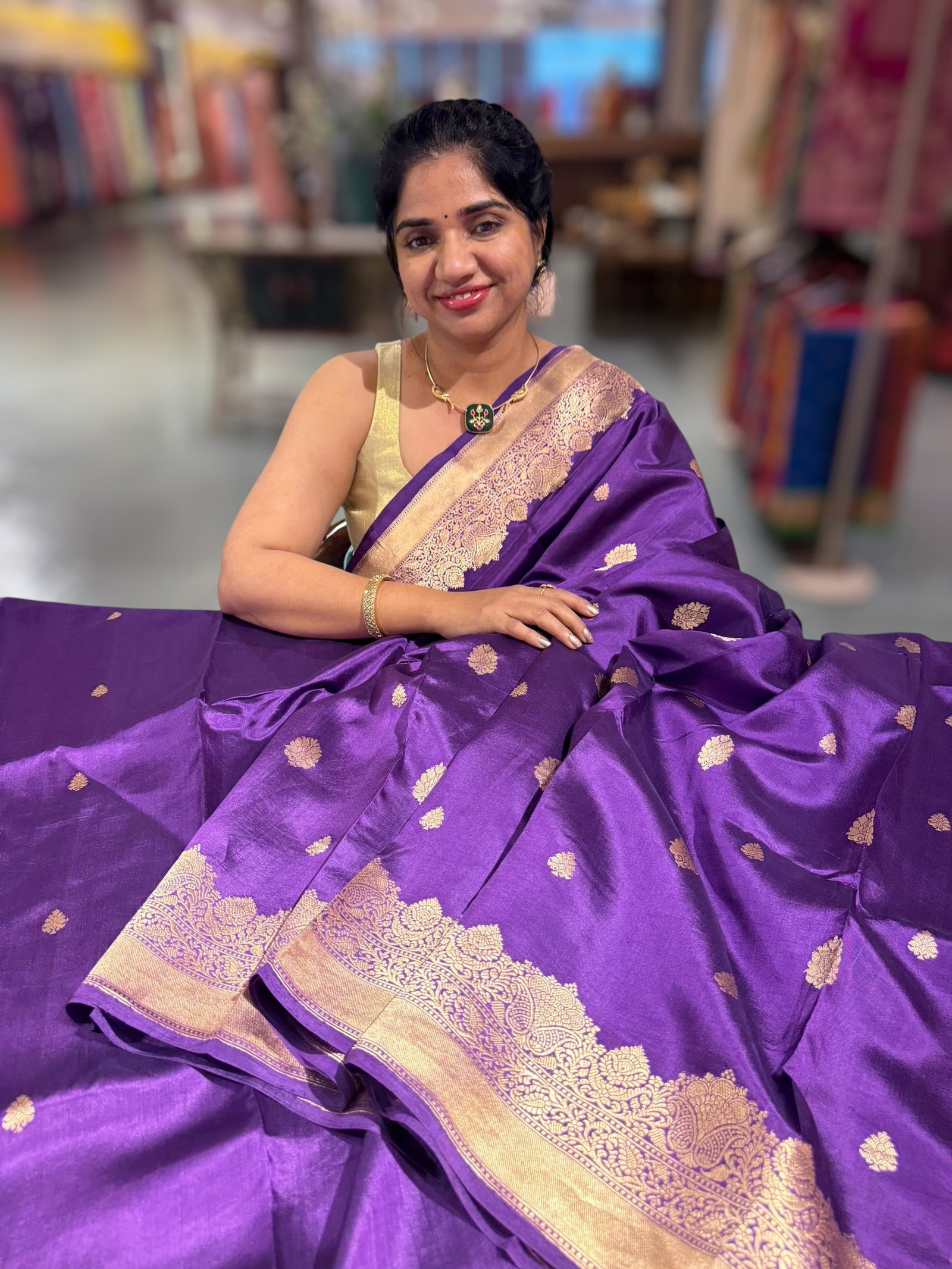 Brinjal Poona Silk Saree with double Borders