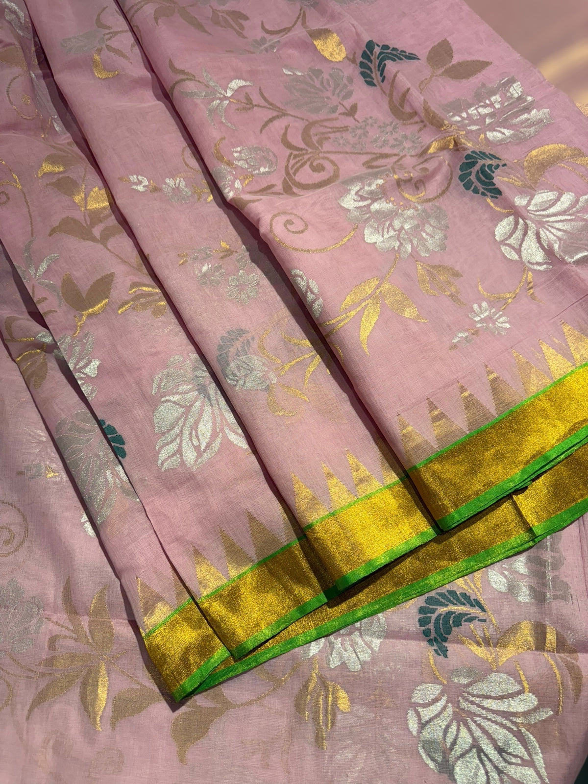 Baby Pink Ponduru Khadi Jamdani Allover Weaving Saree