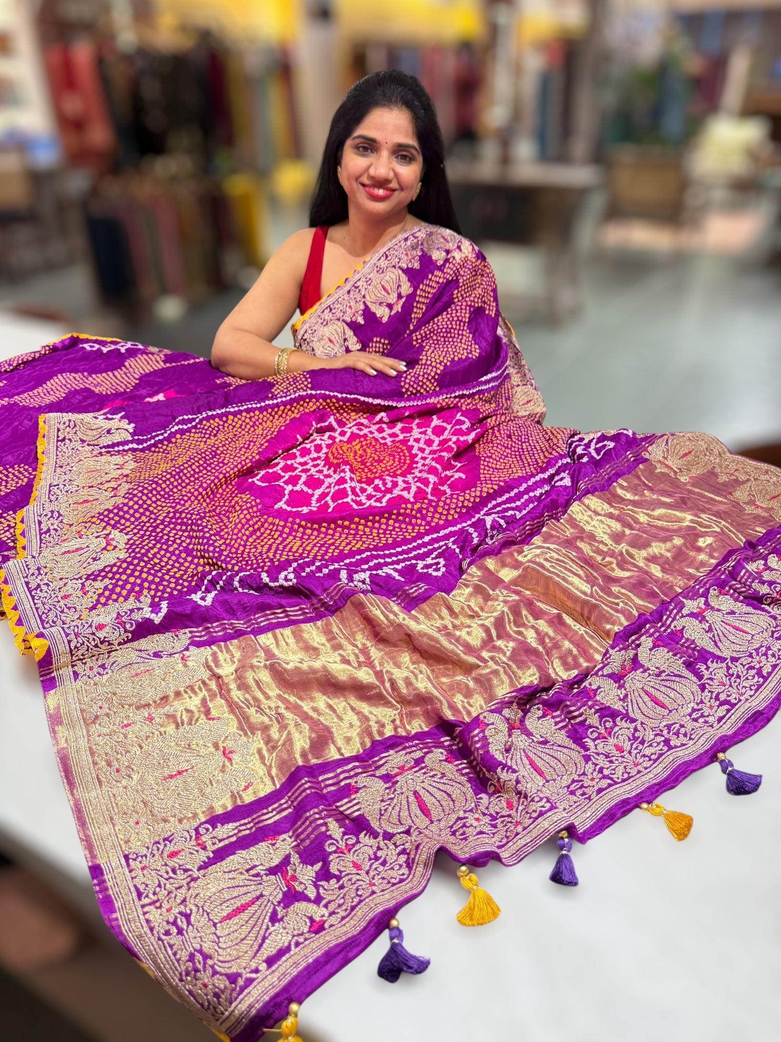 Purple Designer Rai Bandhej Saree With Embroidered Border