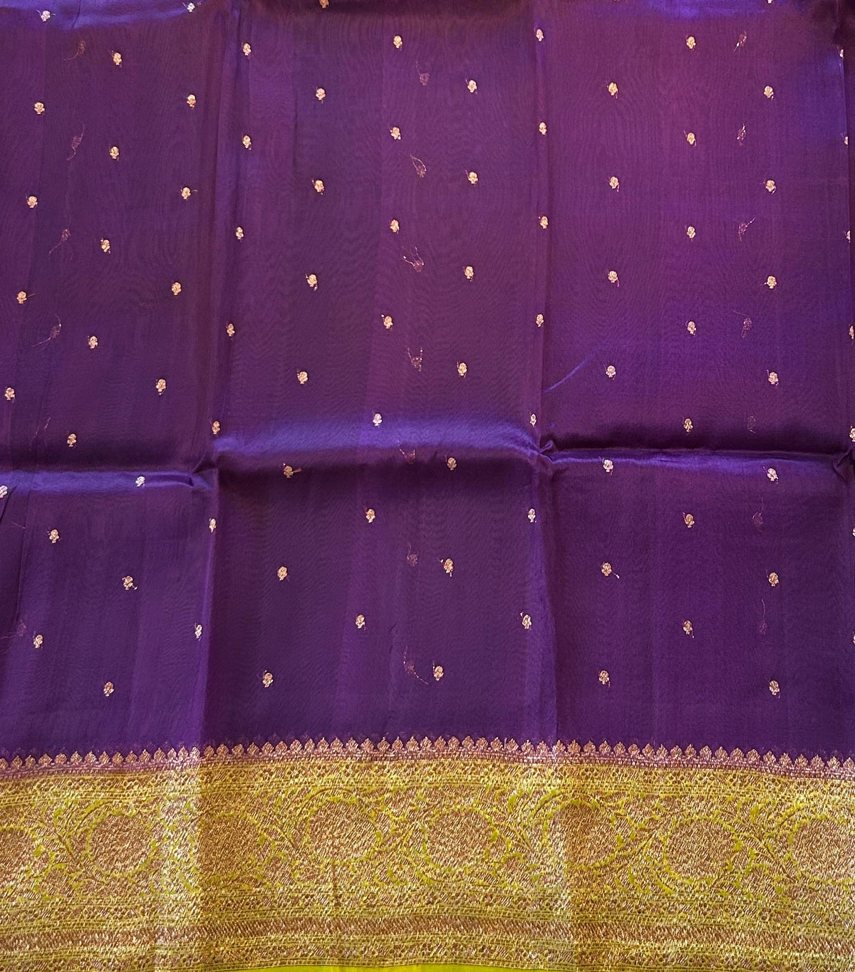 Brinjal & Neon Green Combo Pure Handloom premium Kora Banarasi Saree