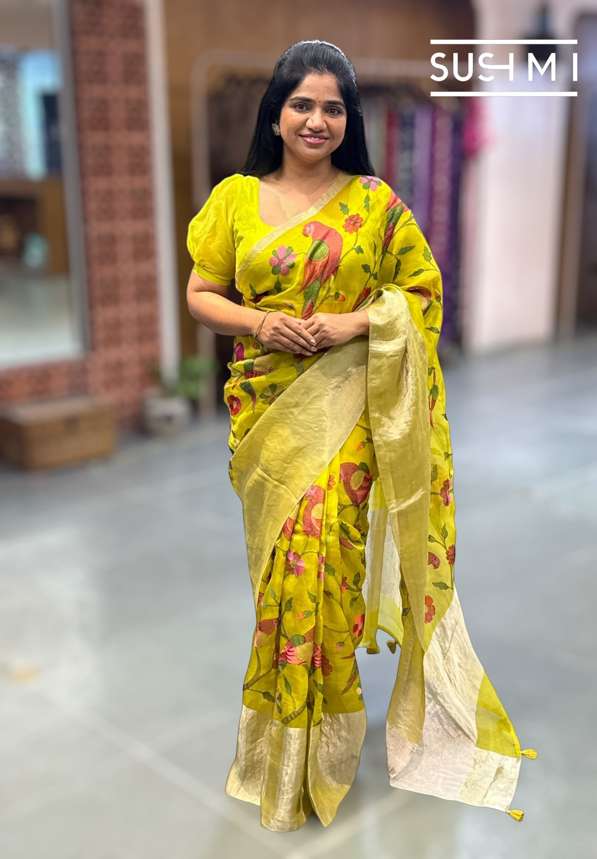 Lime Green Organza Saree with embroidery