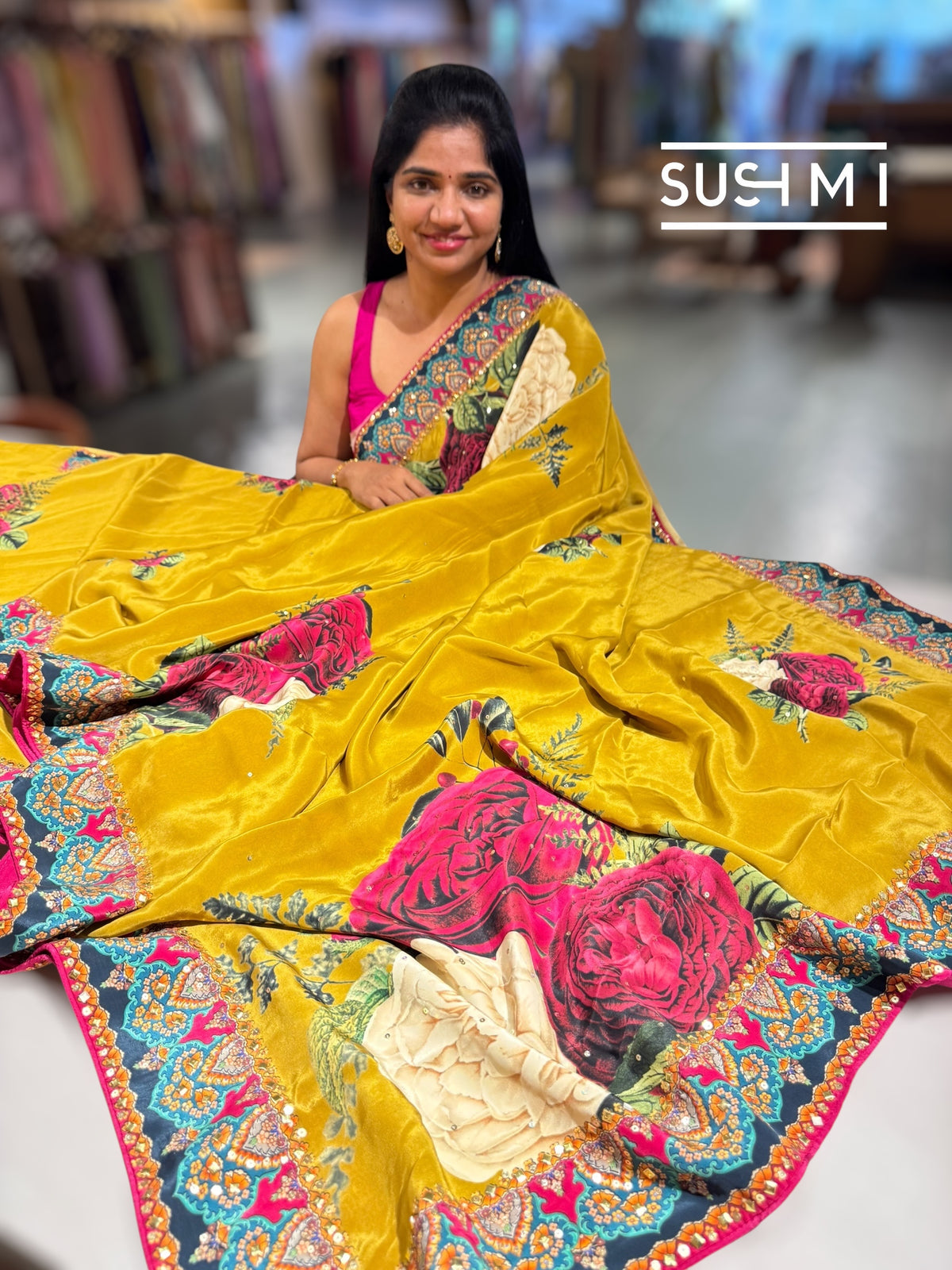 Mustard Gold Designer Crepe Silk Saree : D62F030