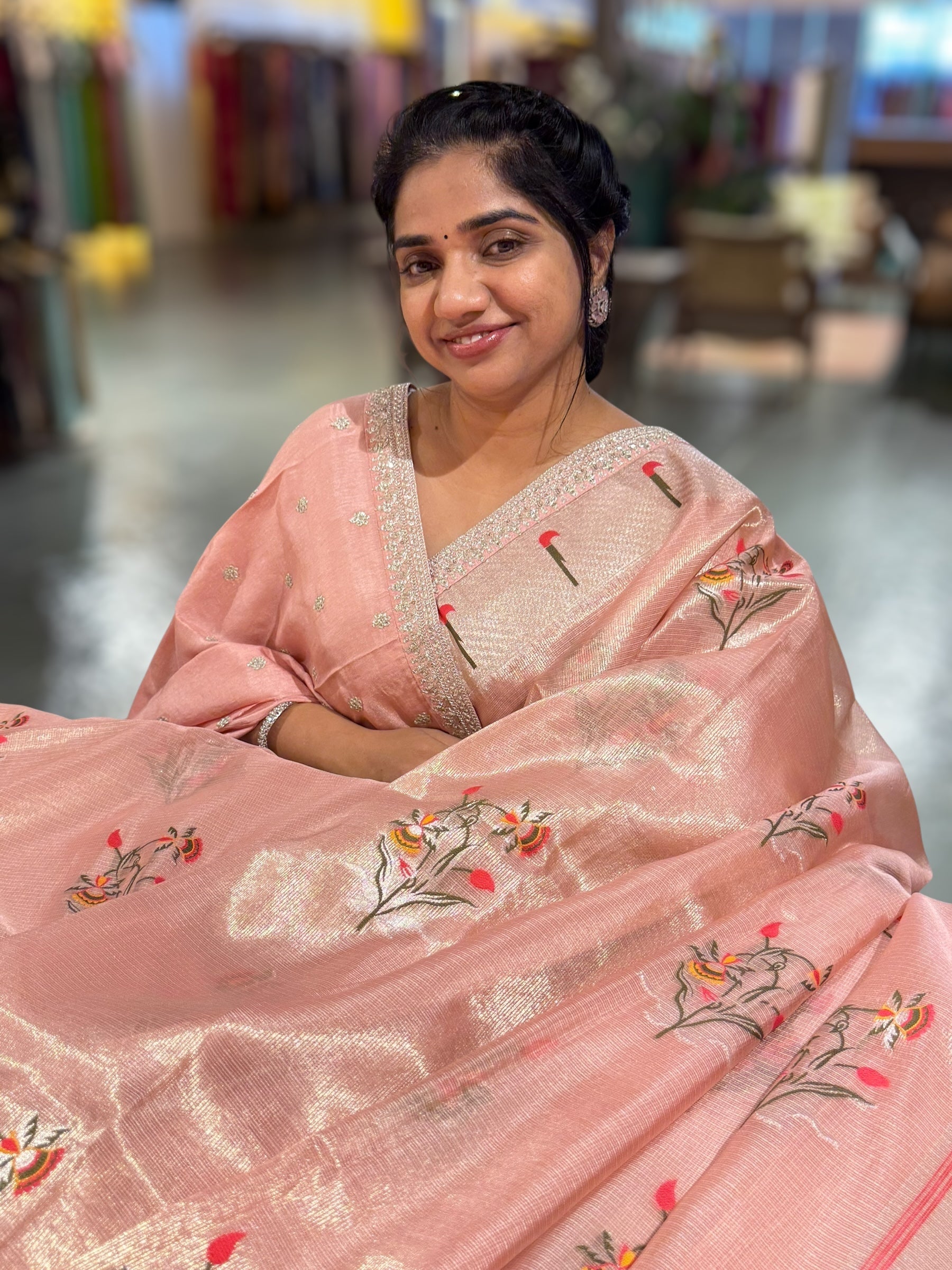 Peach Tissue Kota Saree With sabhyasachi Borders and Blouses