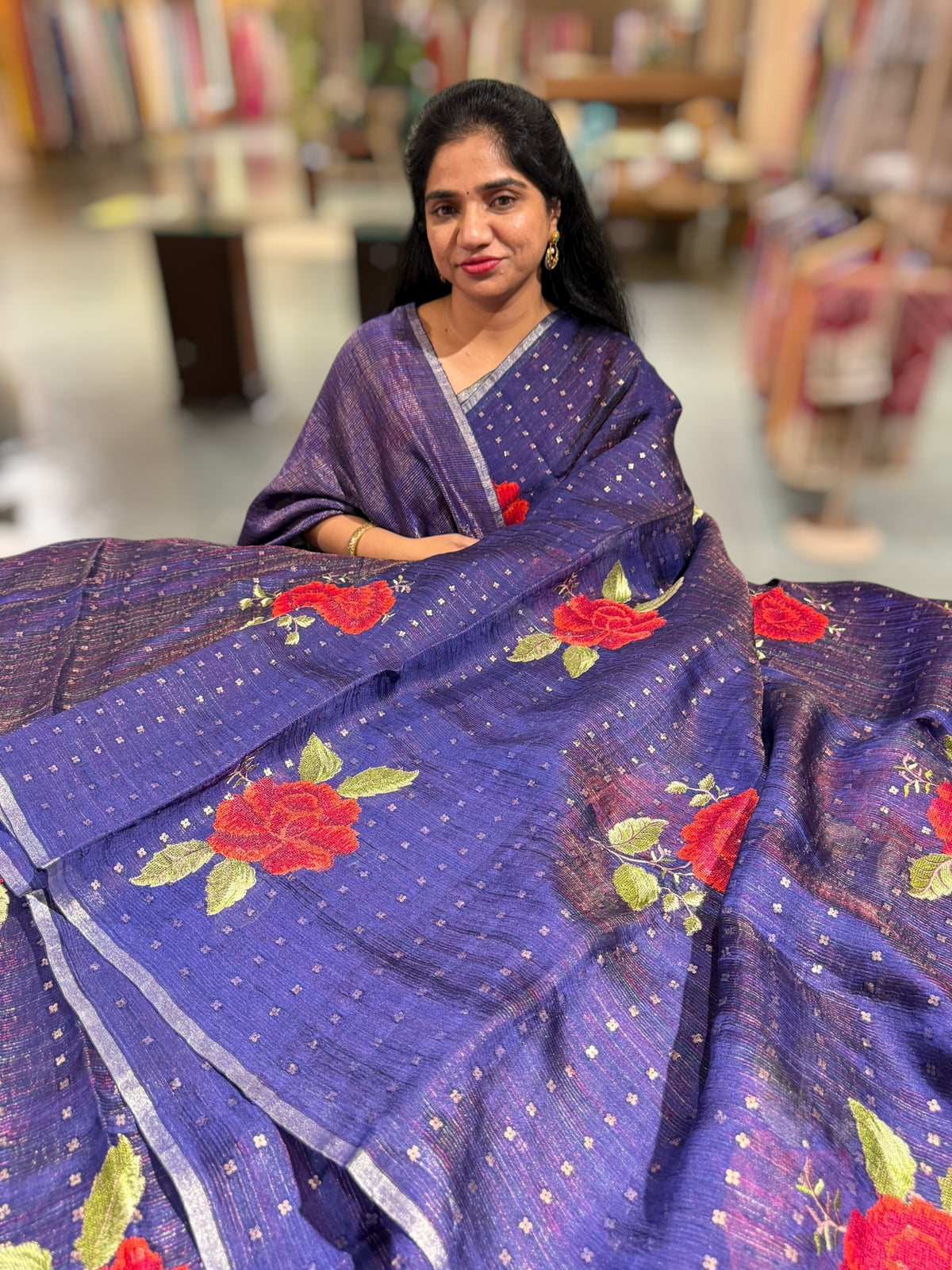 Violet Tussar Kota Saree with embedded sequnce and hibuscus flower embroidery