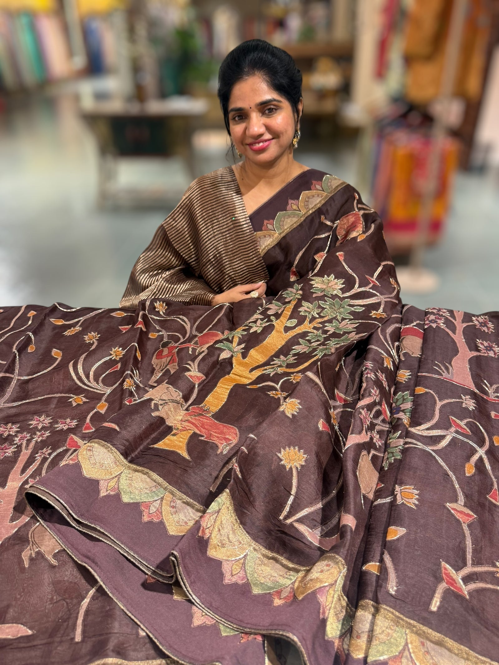 Brown Designer Organza Saree with Stunning Tissue Applique work Saree with Village theme