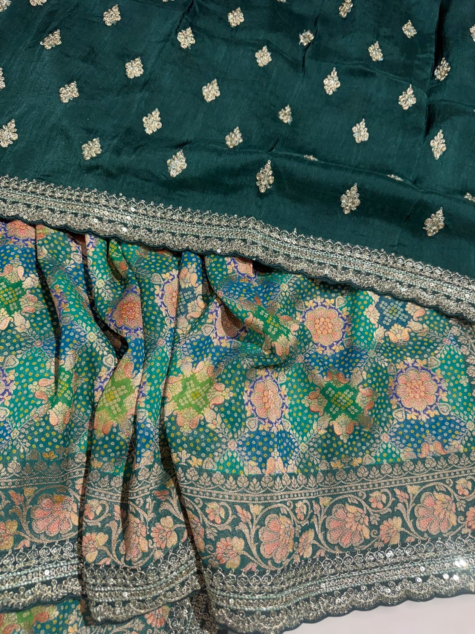 Emerald Green & Blue Banarasi bandhini georgette