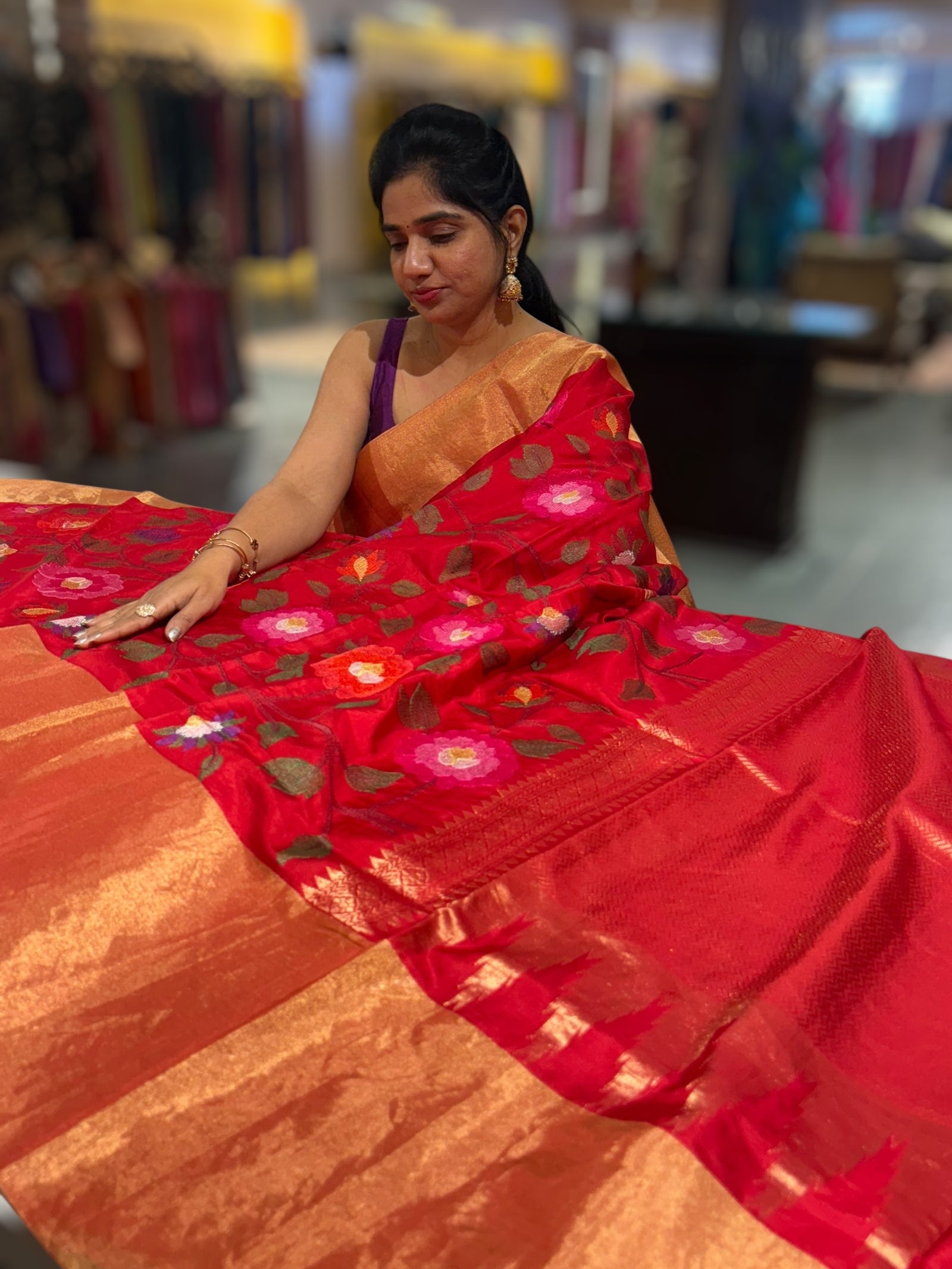 Chilli Red Kanchi Soft Silk Saree with allover jamdani inspired embroidery