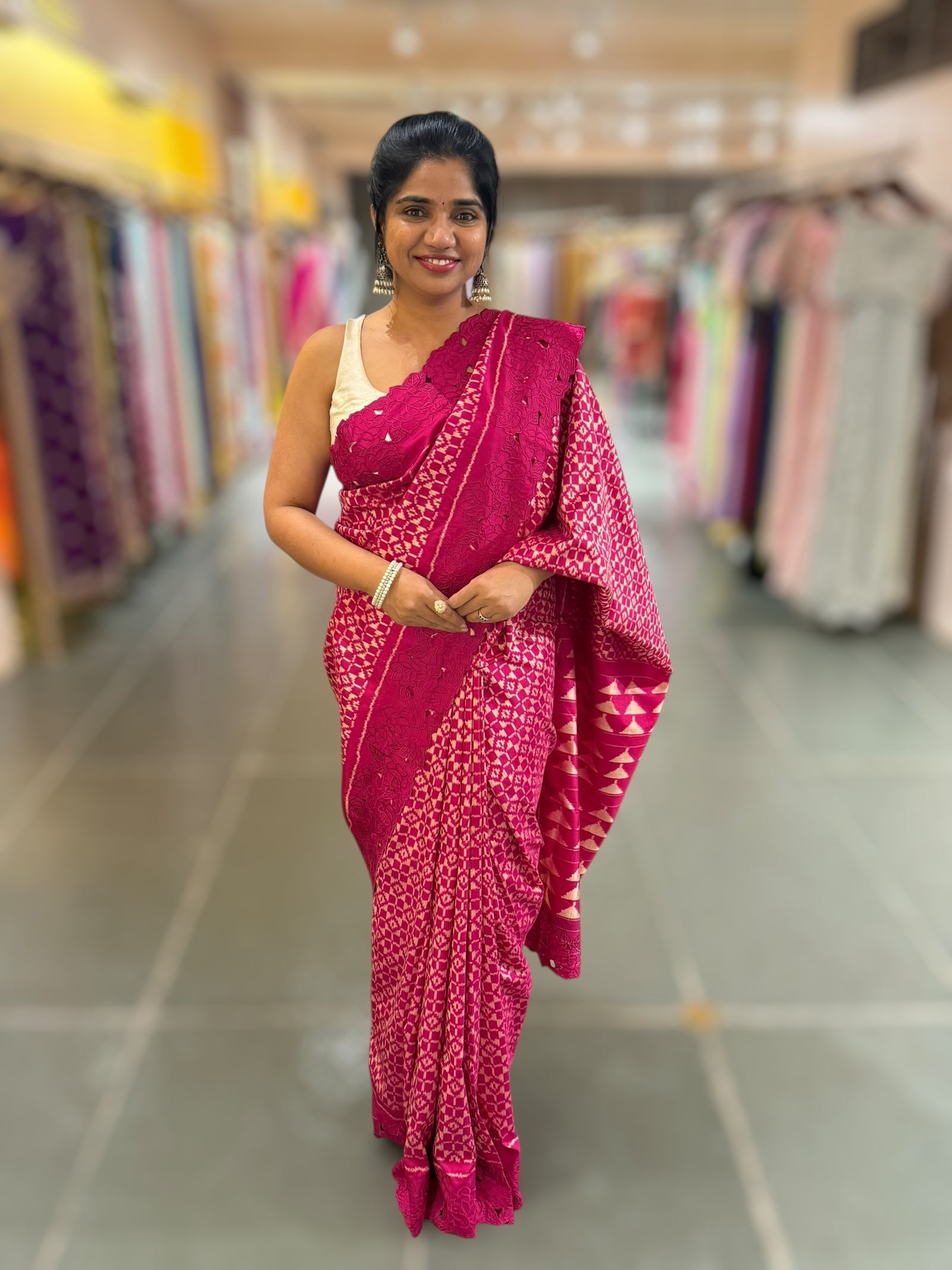 Beetroot Pink Cambodian–inspired Ikkat Silk Saree with cutwork Rose Border