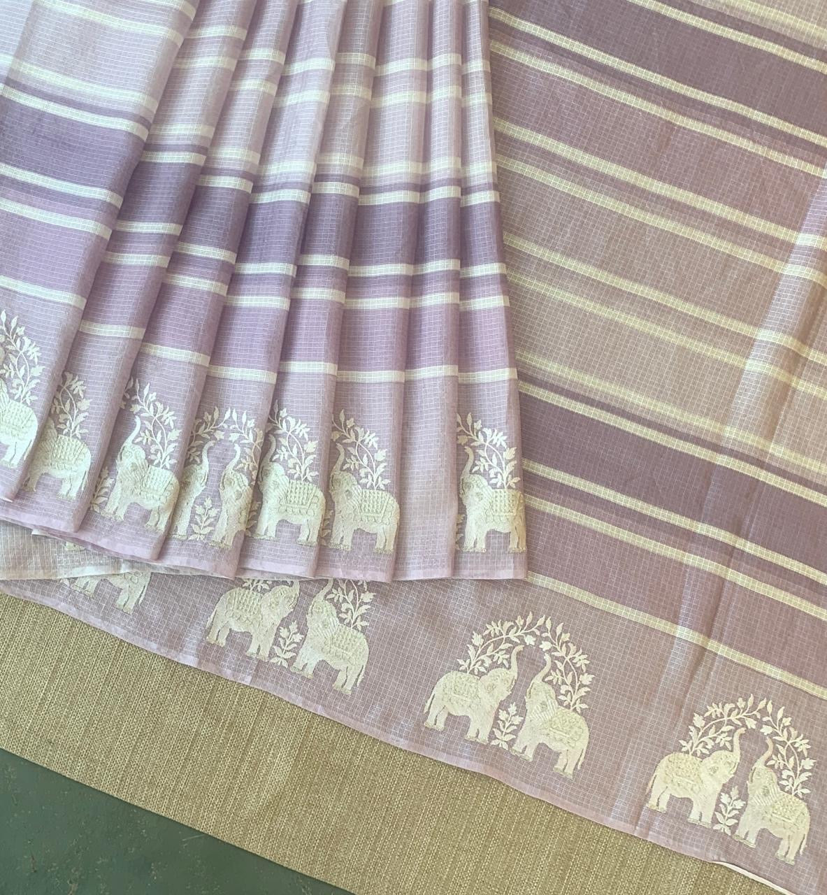Lilac Designer Silk kota saree with elephant embroidered border