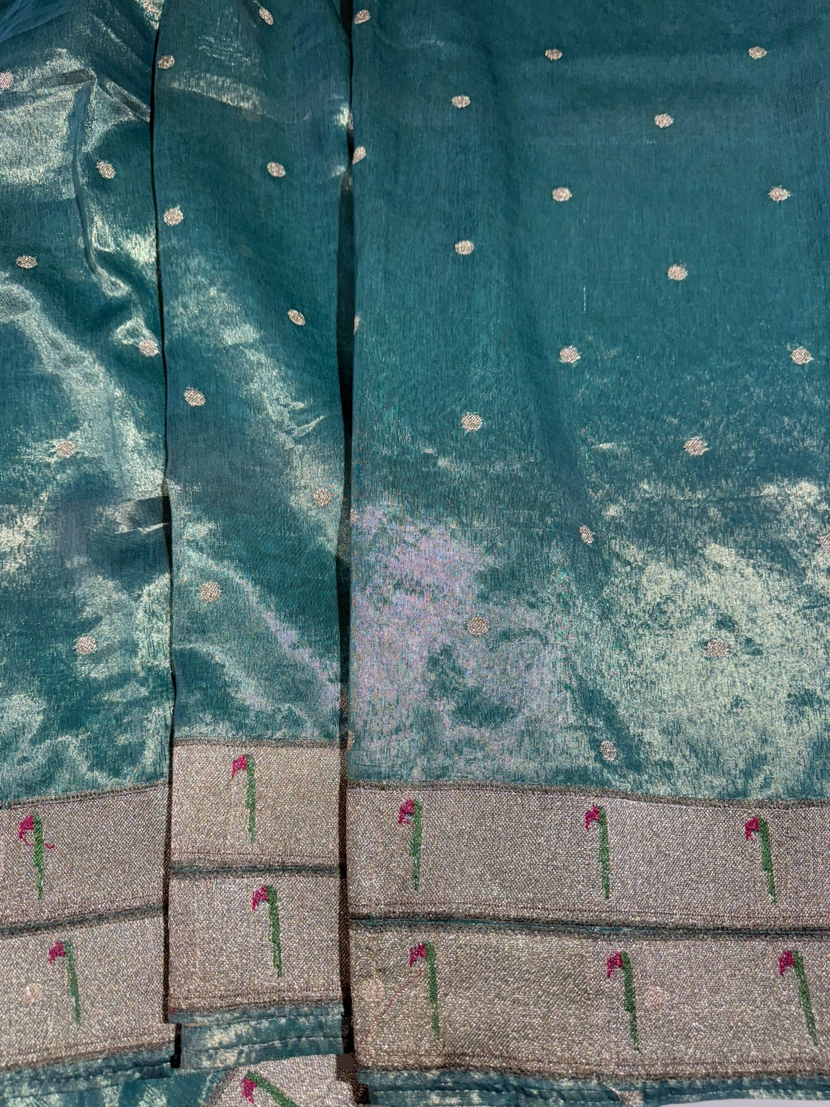 Teal Tissue Saree with pythani inspired muniya borders