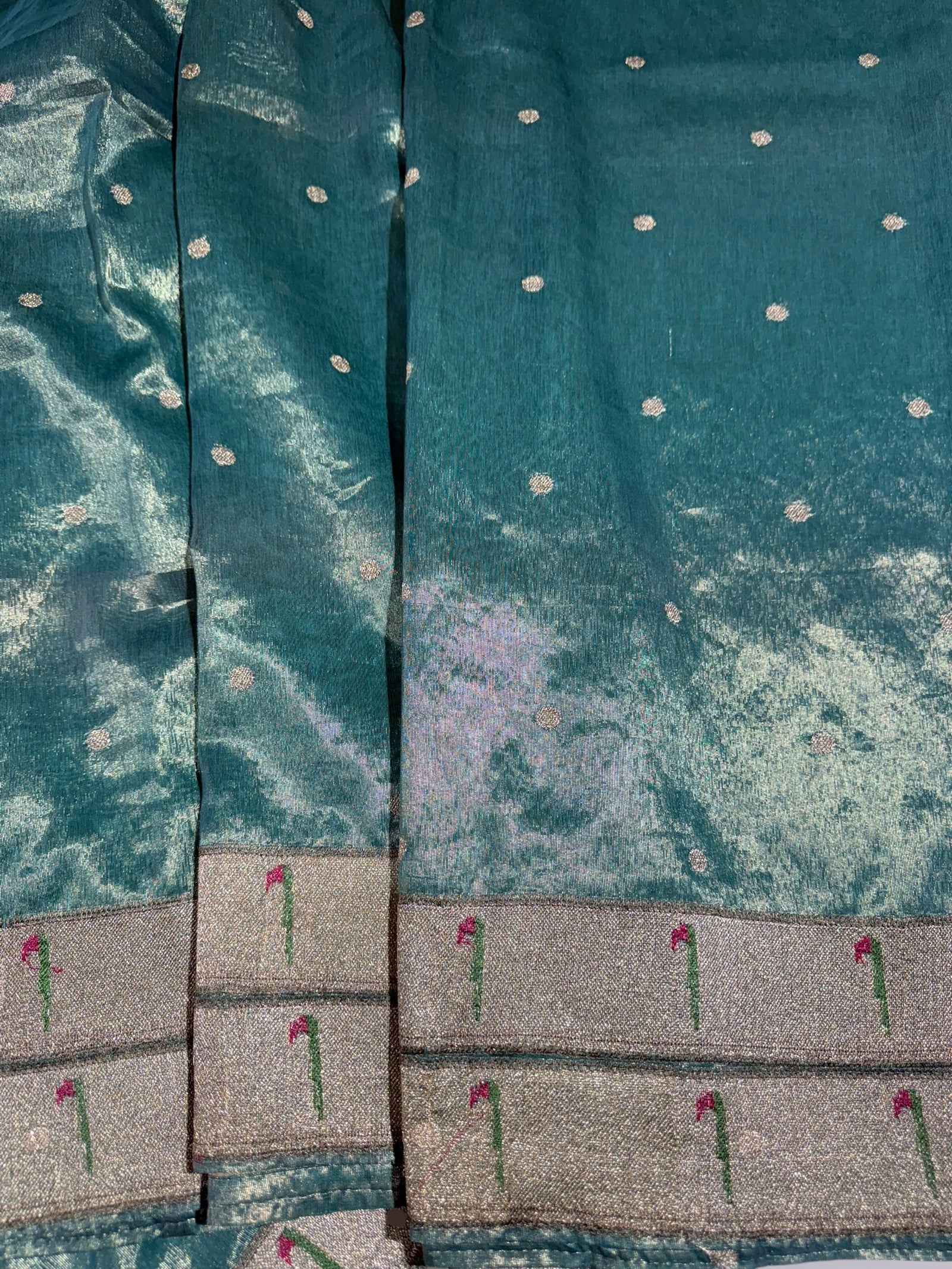 Teal Tissue Saree with pythani inspired muniya borders