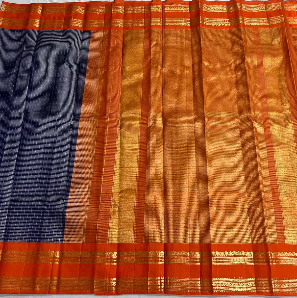 Blue & Orange Combo Vintage Checks Gap Border Kanjeevaram Saree