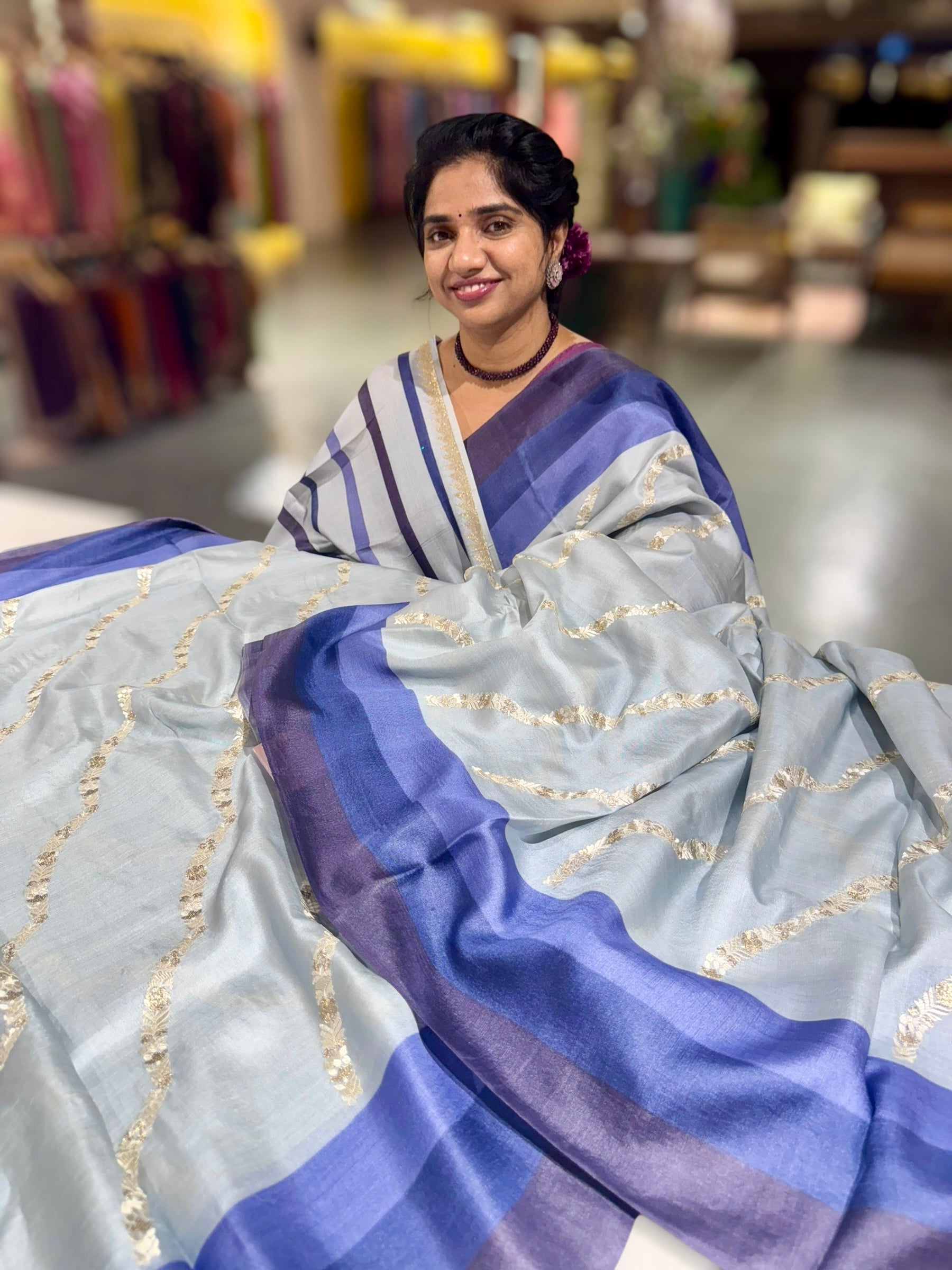 Powder Blue Embroidered Tussar Saree