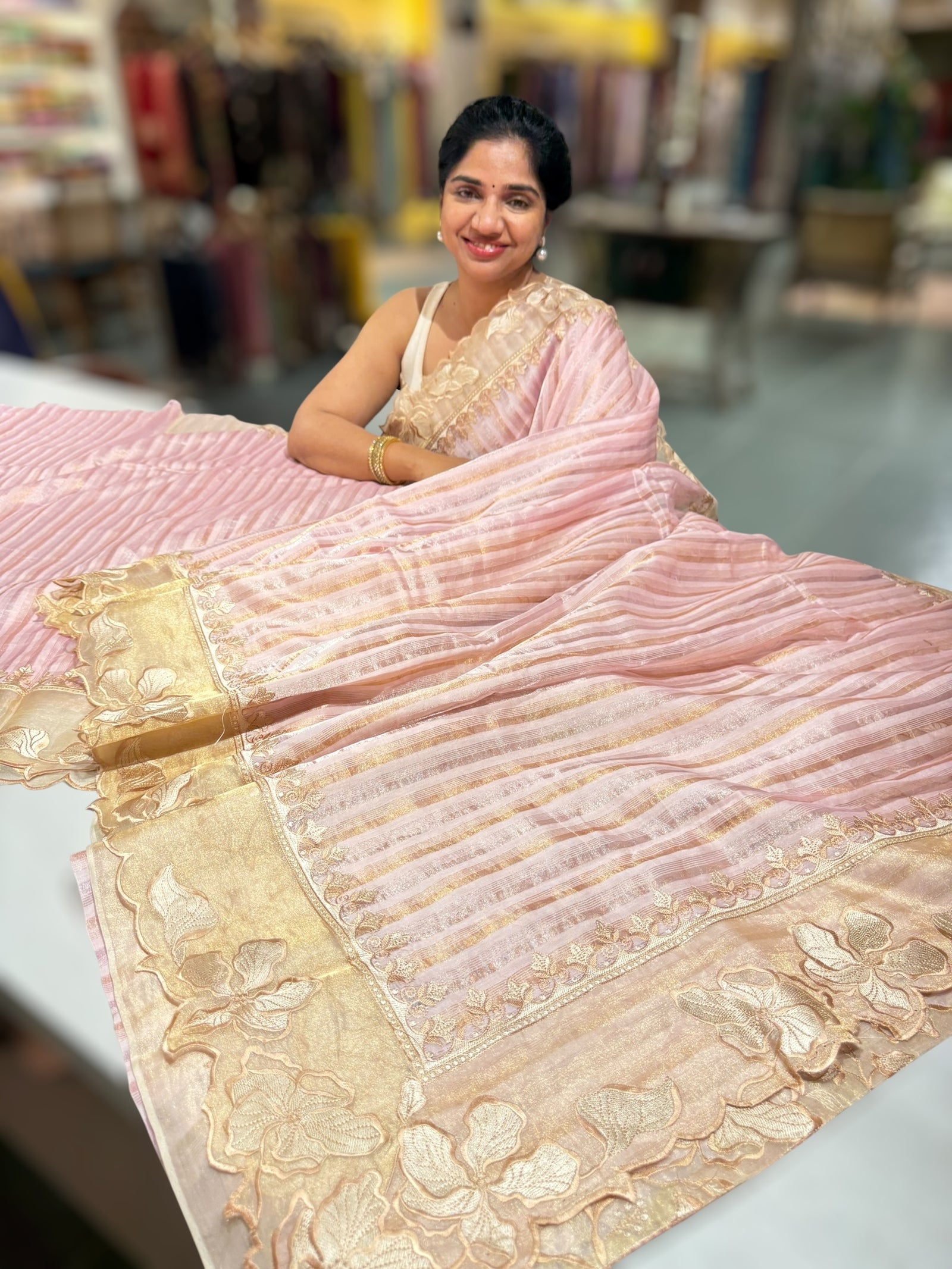 Pastel Pink Mul Tissue Stripes Saree With Tissue Cutwork  Border & Blouse