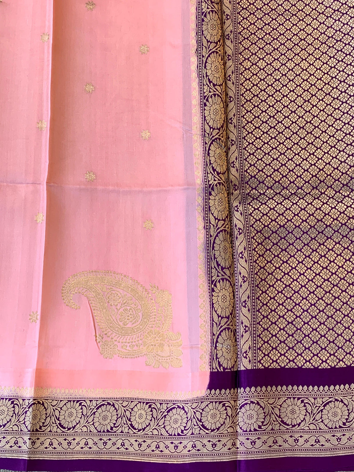 Peach Pink & Purple Combo Poona Silk Saree with heavy weaving mashru border & kaduwa woven motifs.