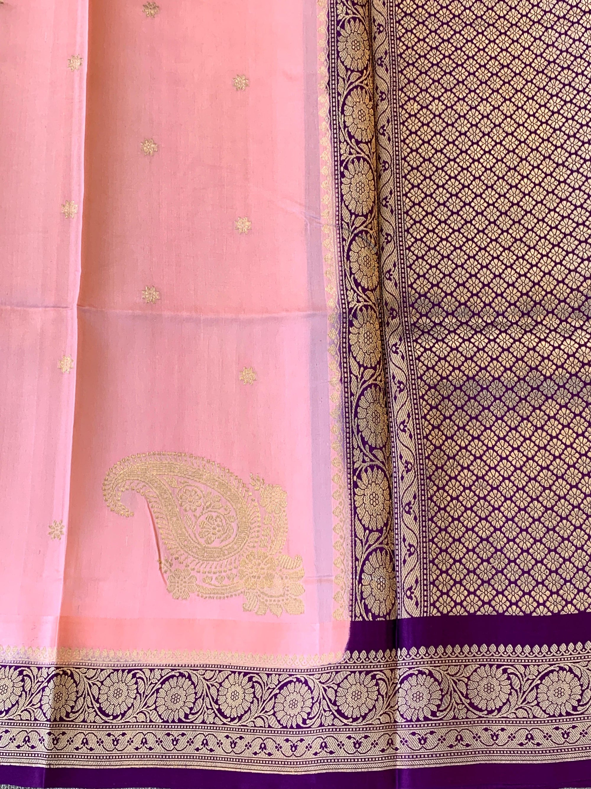 Peach Pink & Purple Combo Raw Mangoe Silk Saree with heavy weaving mashru border & kaduwa woven motifs.