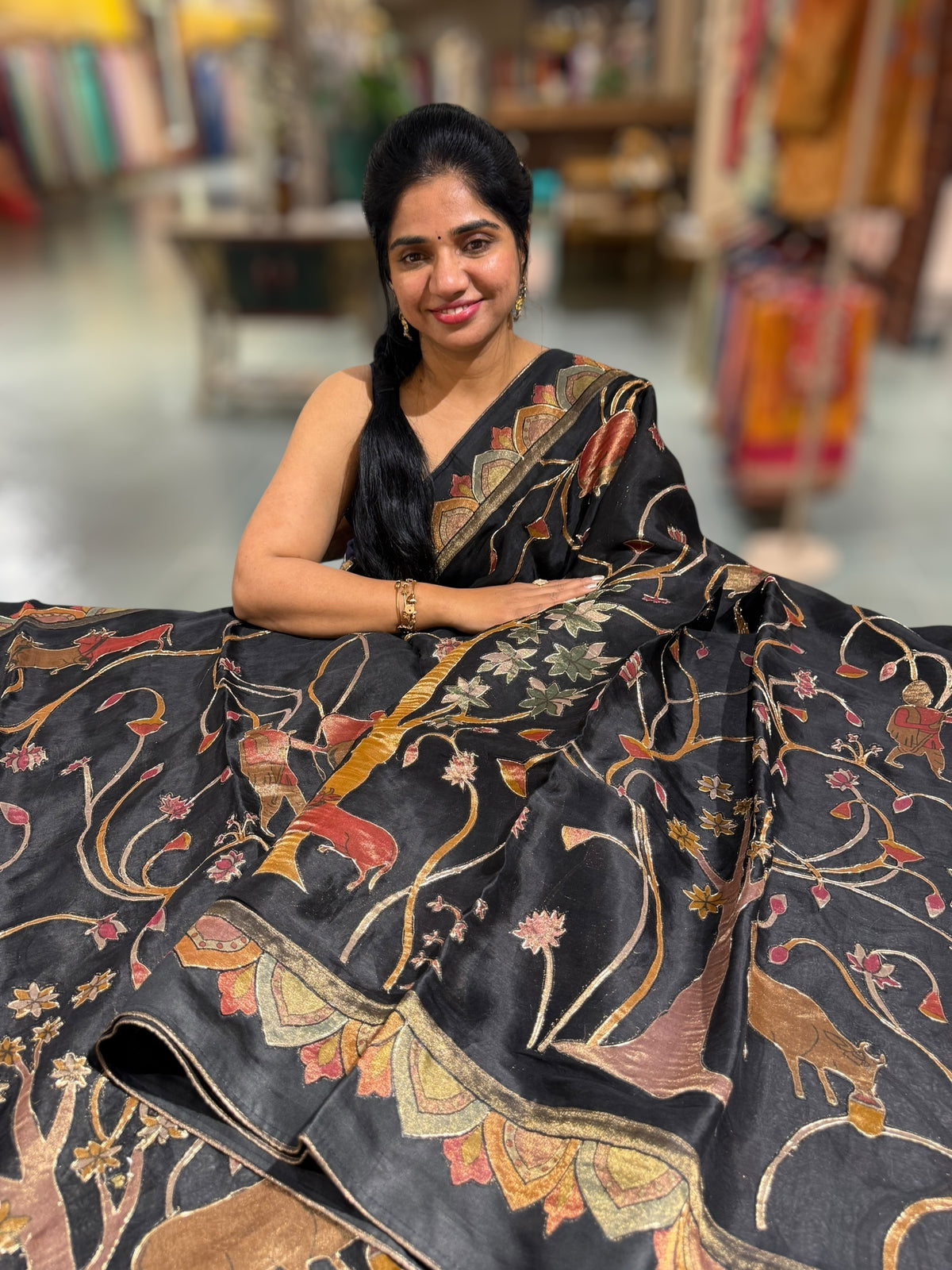 Black Designer Organza Saree with Stunning Tissue Applique work Saree with Village theme