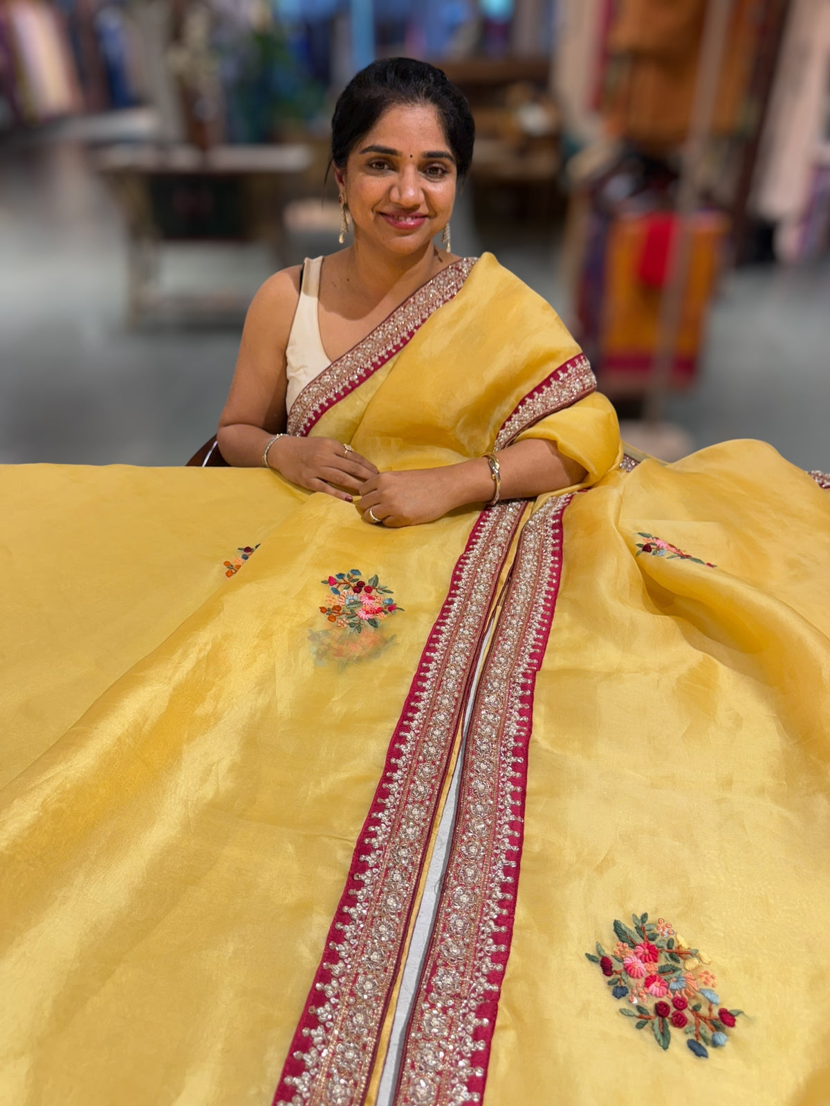 Yellow Organza heavy handwork saree with ready to wear blouse