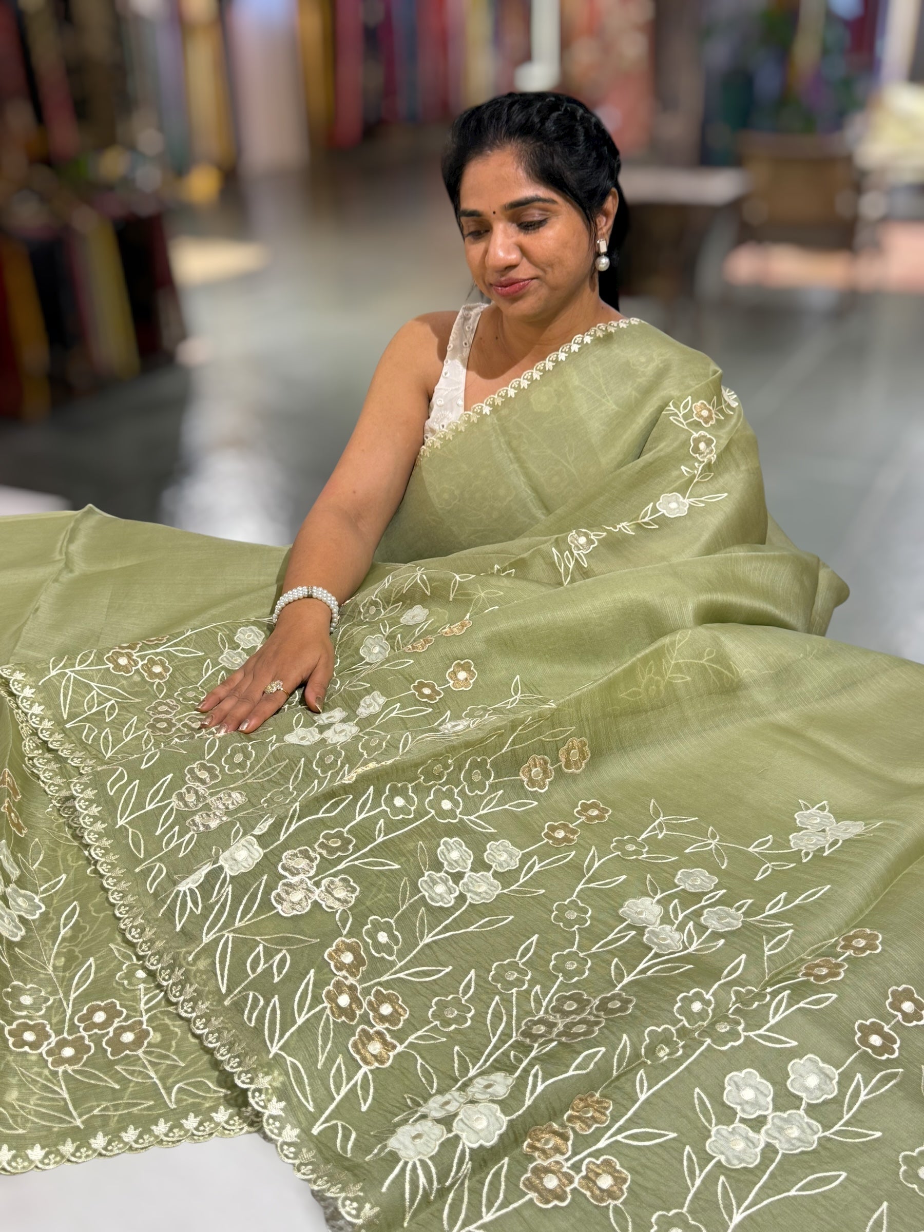 Olive Organza Saree With Tissue Applique Work