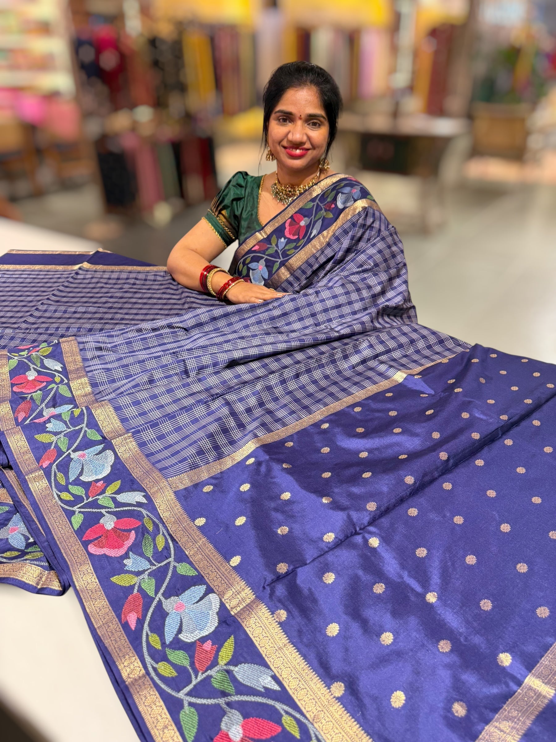 Navy Kanchi Vintage Checks soft silk Saree with embroidered border