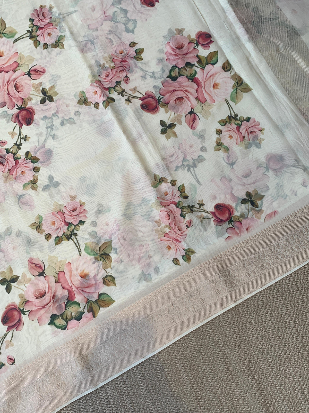 Ivory Pure Handloom Chiniya Silk Saree with stunning Floral Print and zari borders