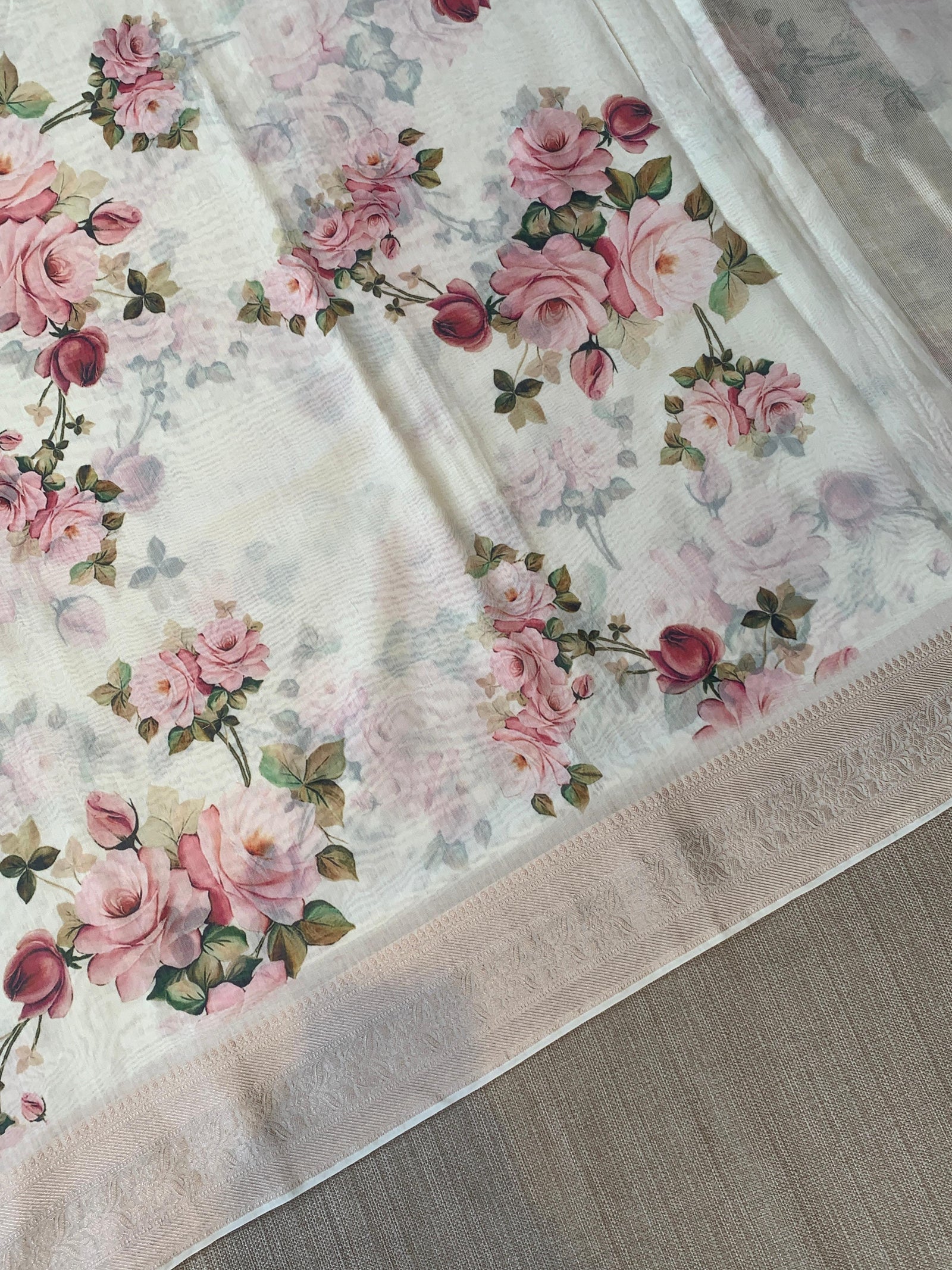 Ivory Pure Handloom Chiniya Silk Saree with stunning Floral Print and zari borders