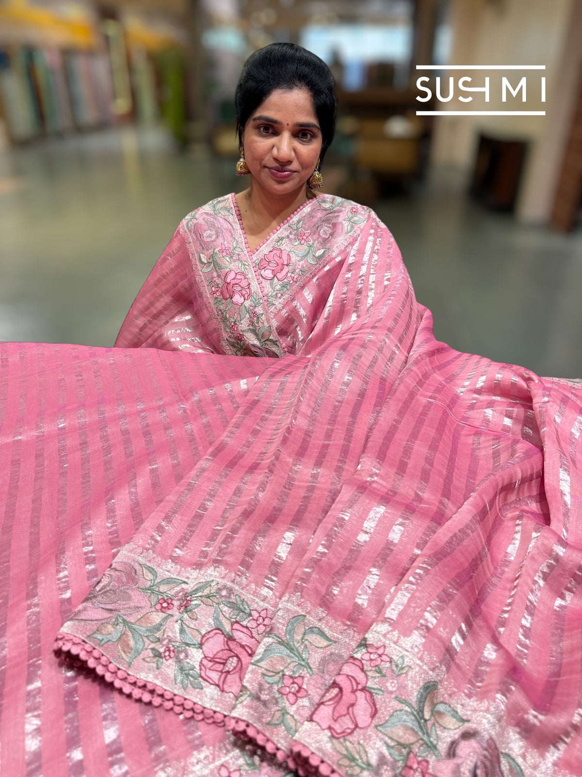 Coral Pink mul tissue Saree with embroidery  : SM025