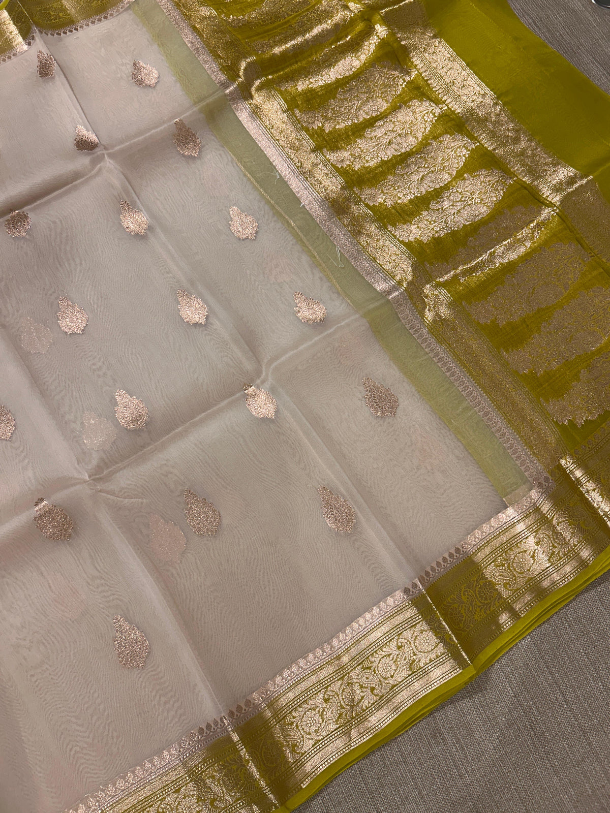 Vanilla and Moong Dal Green Combo Pure Handloom premium Kora Banarasi Saree