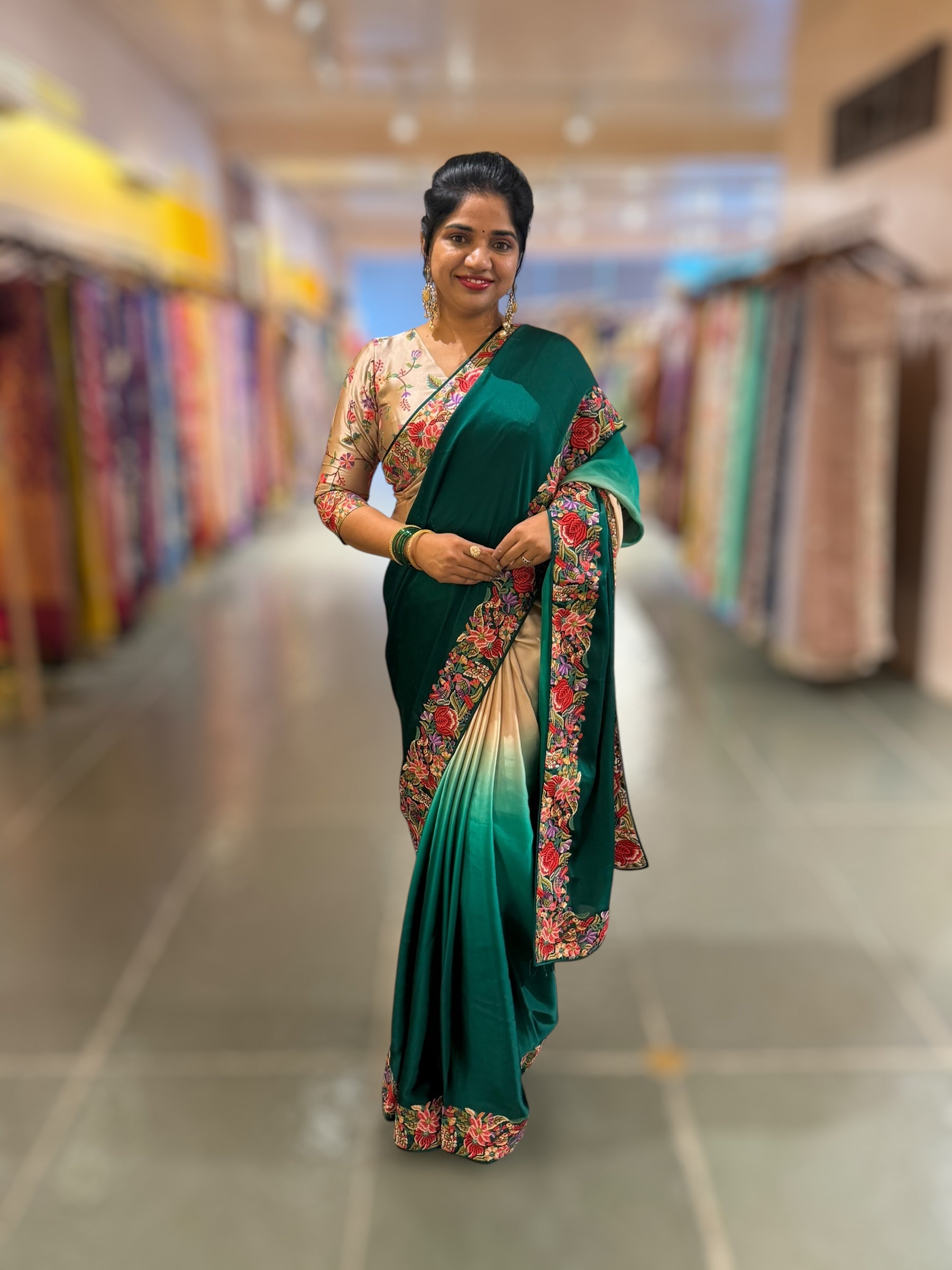 Pure Satin Ombre Dyed Saree with Petite Point Embroidered Border and blouse.