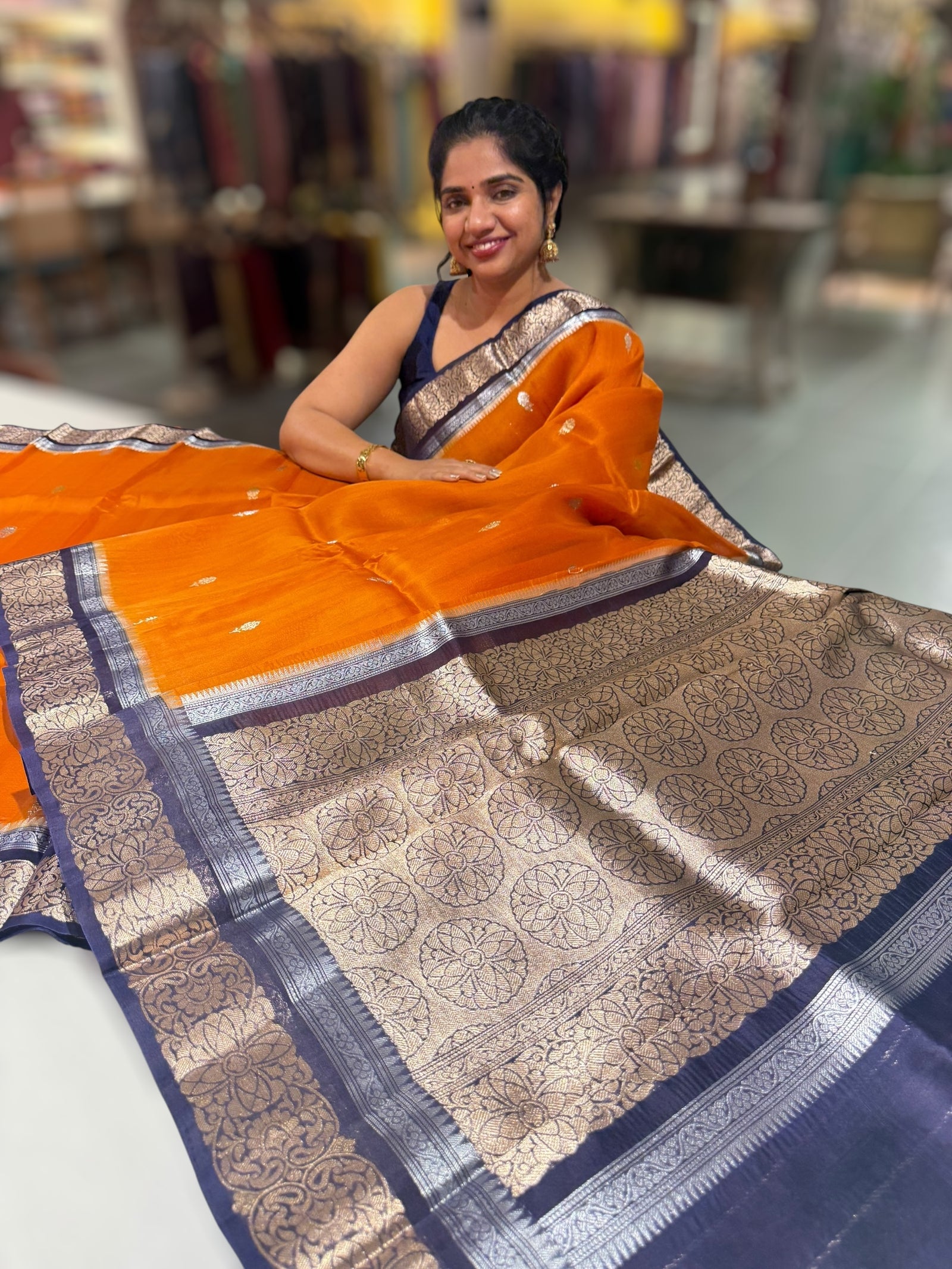 Orange & Navy Pure Handloom Kora Banarasi Saree