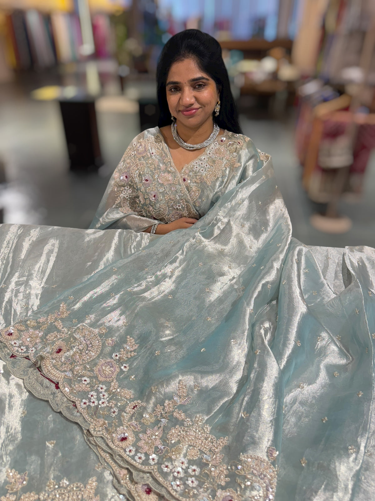 Pastel Blue tissue saree with heavy handwork