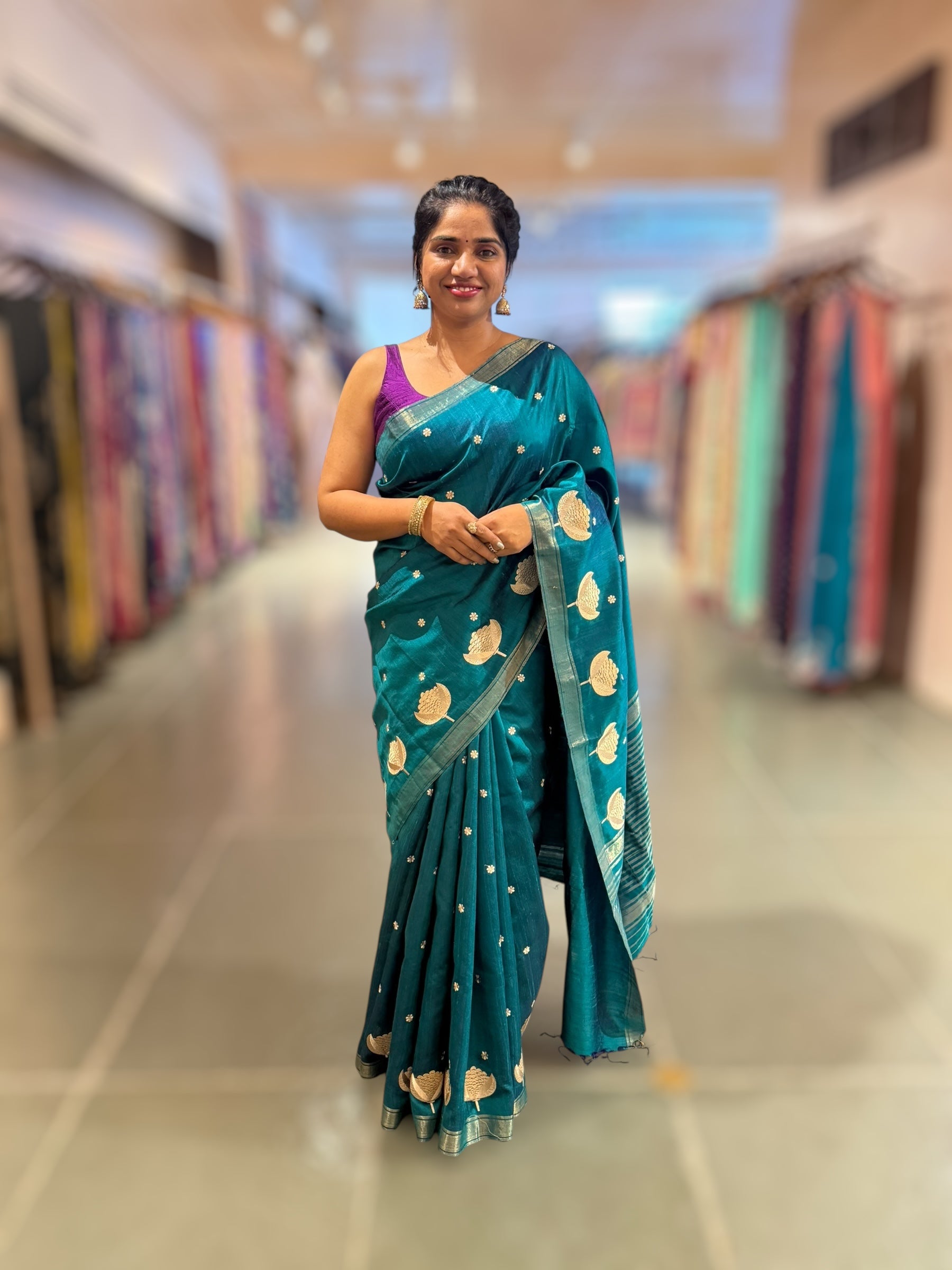 Peacock Blue Pure Handloom Raw Silk Saree