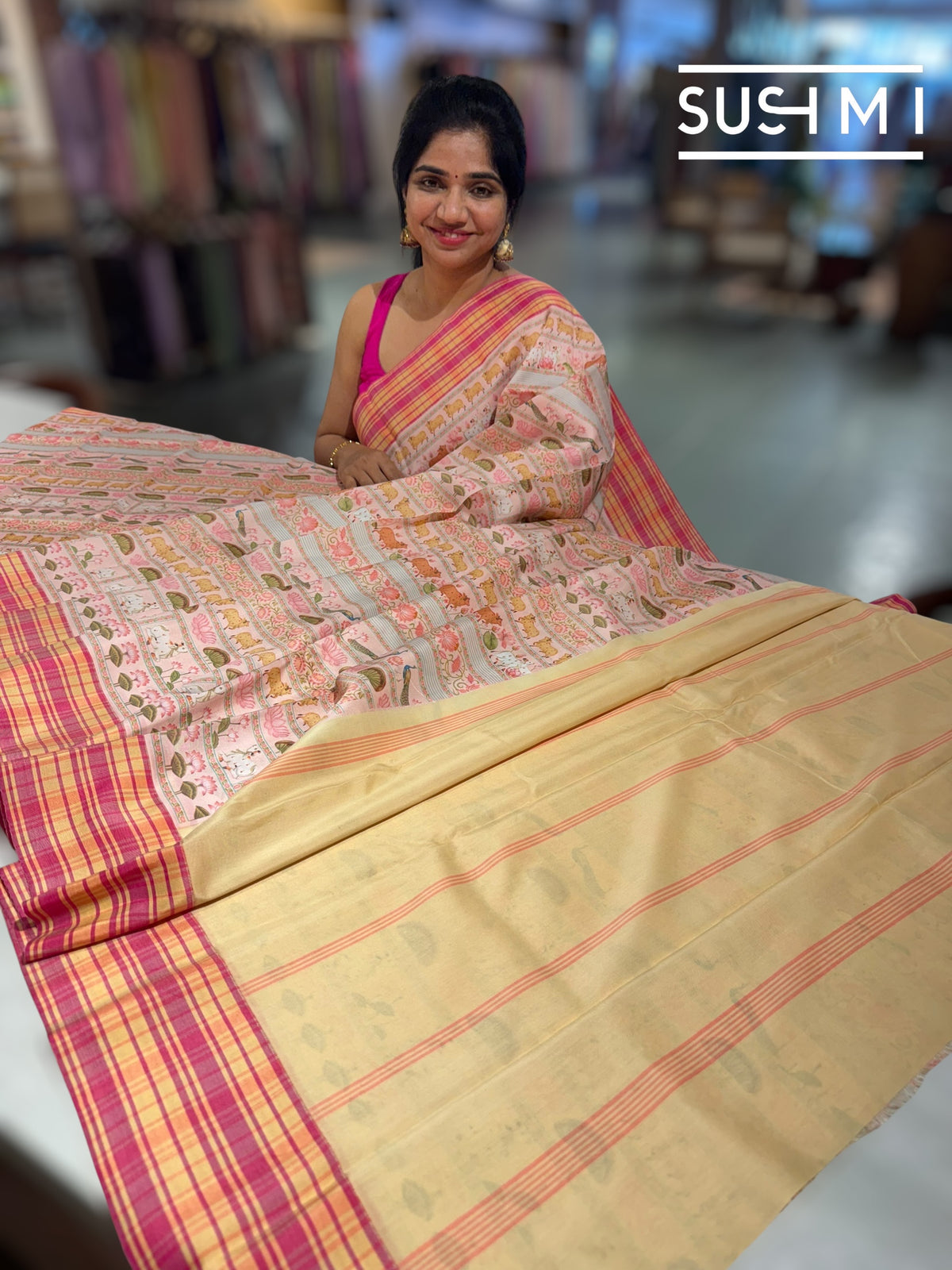 Pastel Pink printed soft silk saree with burberry checks border : D62F036
