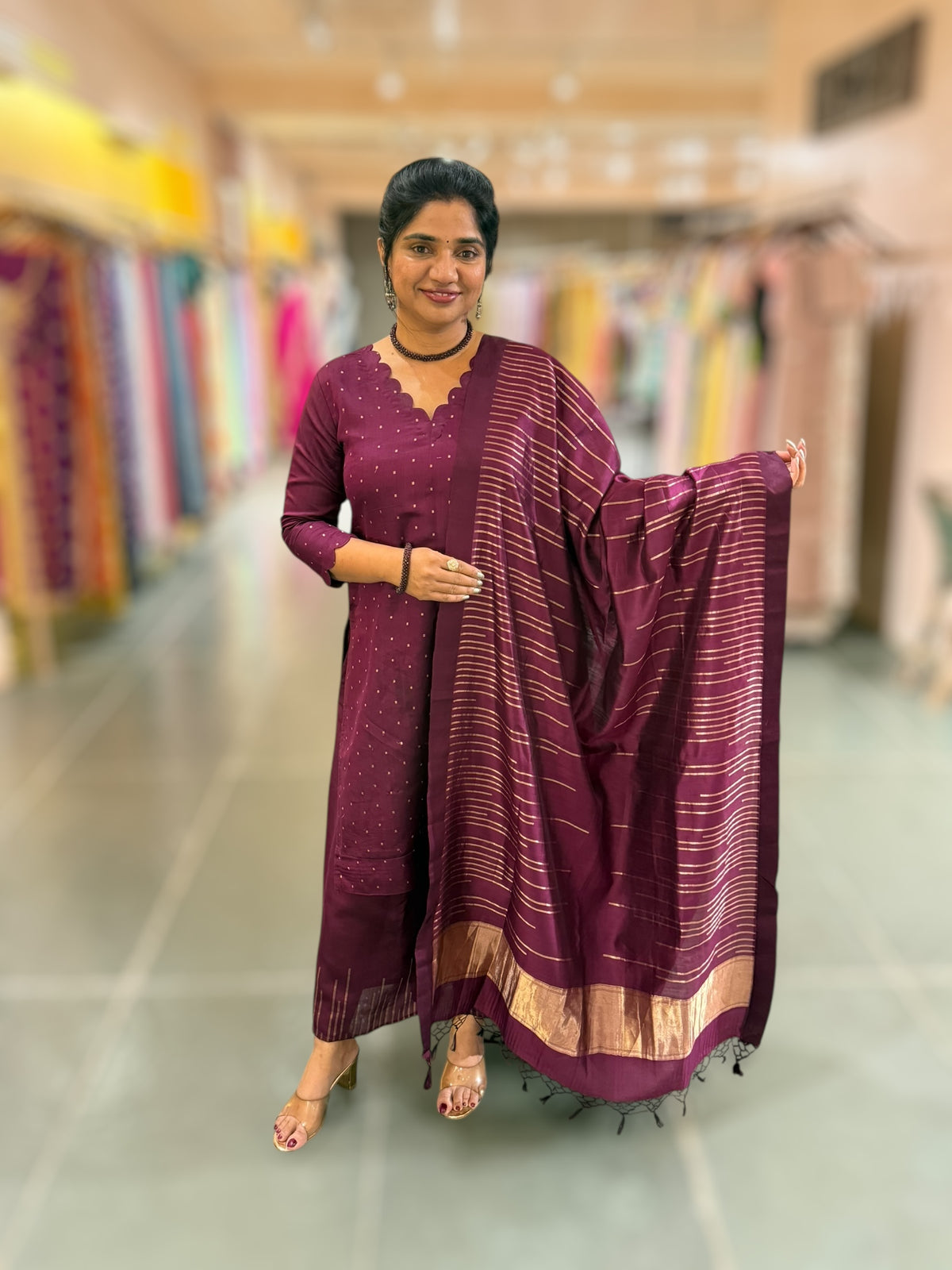 Wine Banarasi Handloom Chiniya Silk 3-pc Suit Set