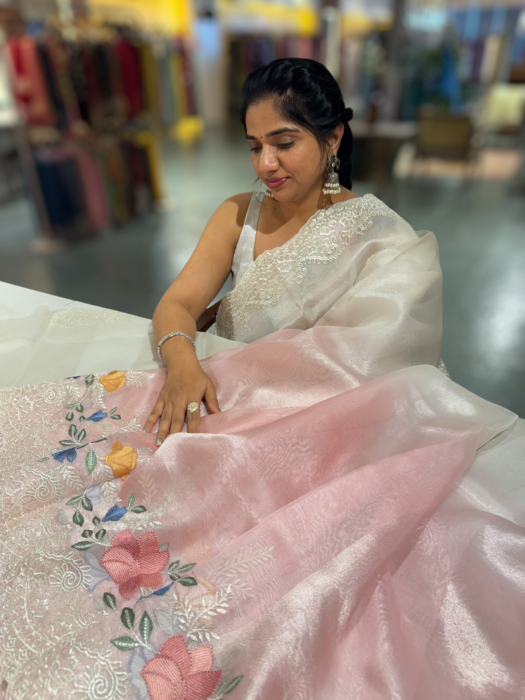 Pastel Pink & Silver Ombre dyed Tissue Saree with Cutwork embroidered Borders