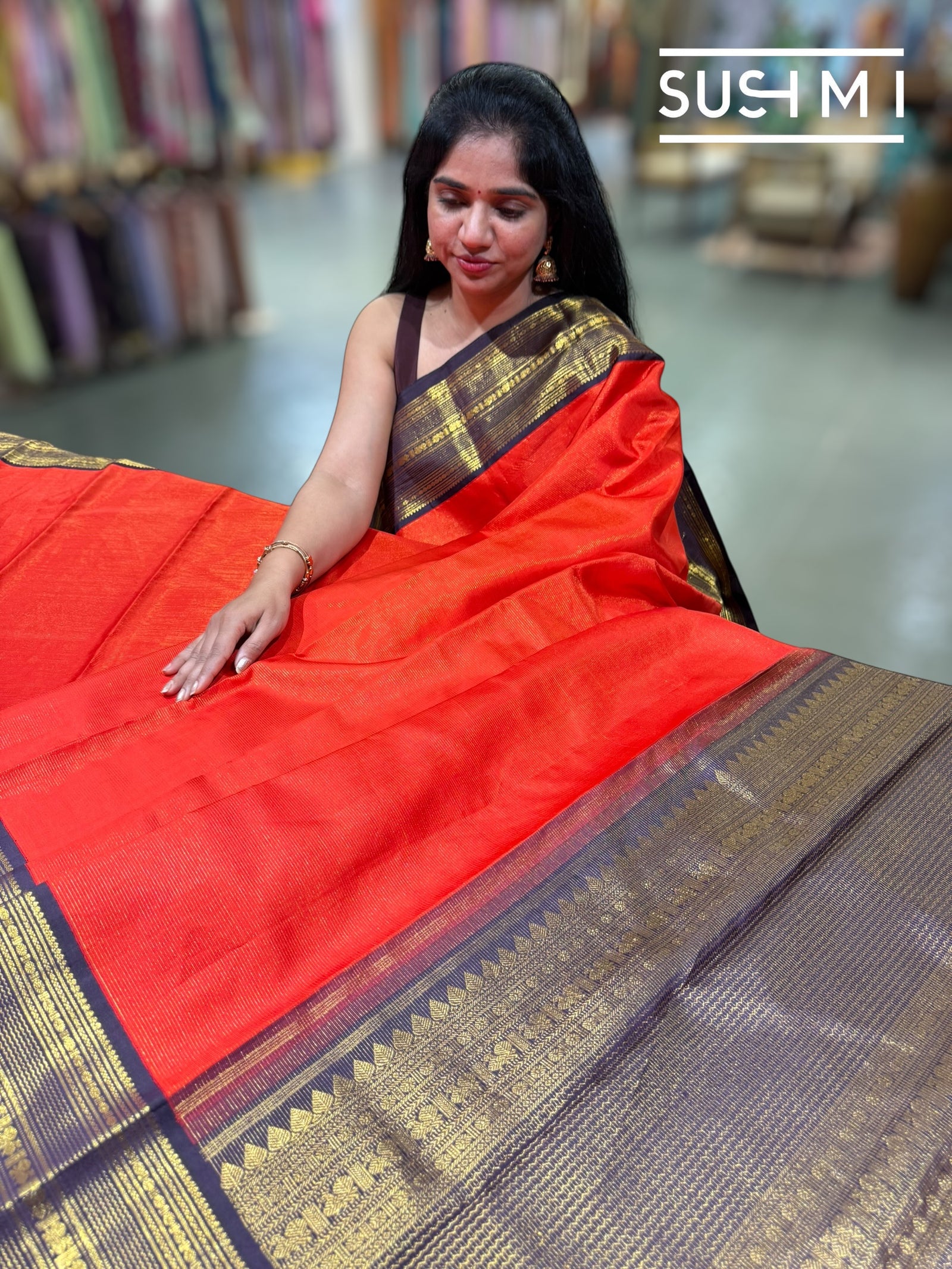 Fanta Orange Vaira Oosi Stripes Vintage Kanjeevaram Saree : S62F120