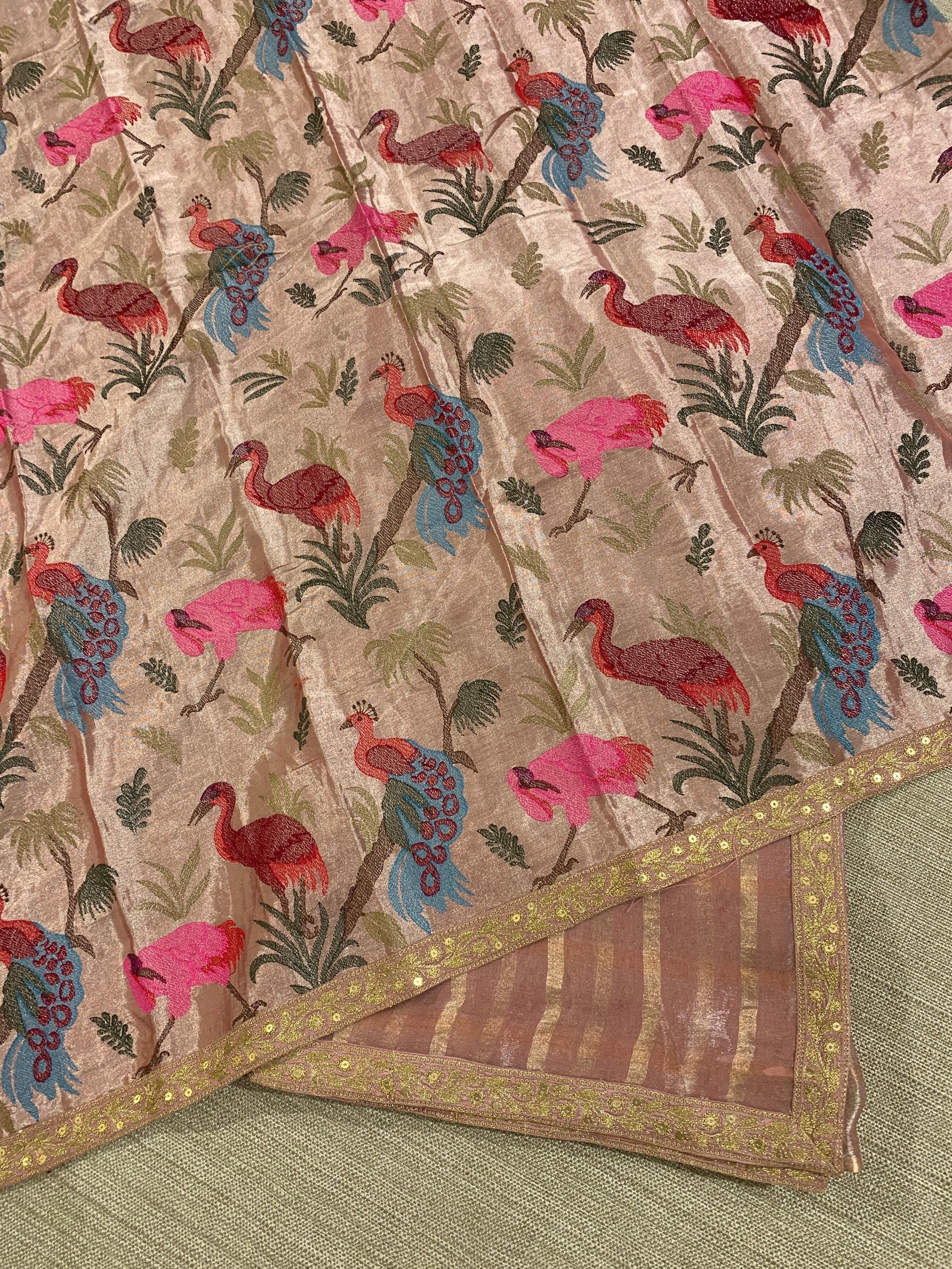Peach Pink Banarasi Tissue checks Saree with Sabyasachi Borders