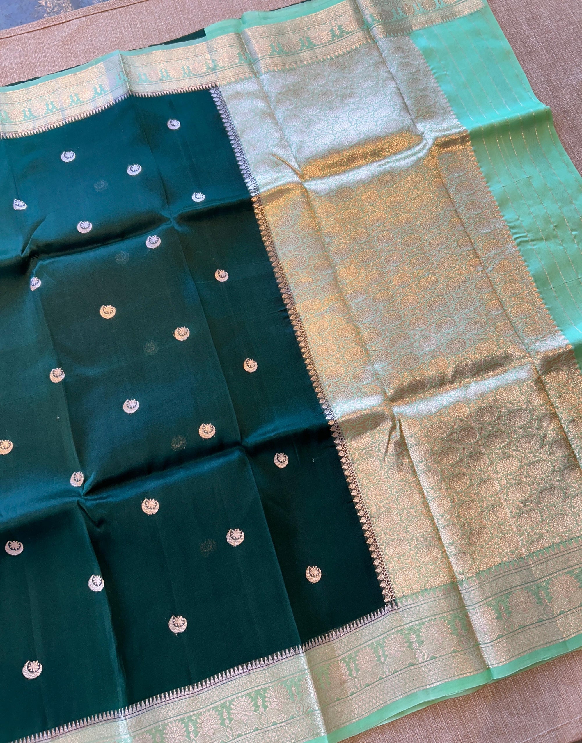 Bottle Green & Sea Green Combo Pure Handloom premium Kora Banarasi Saree