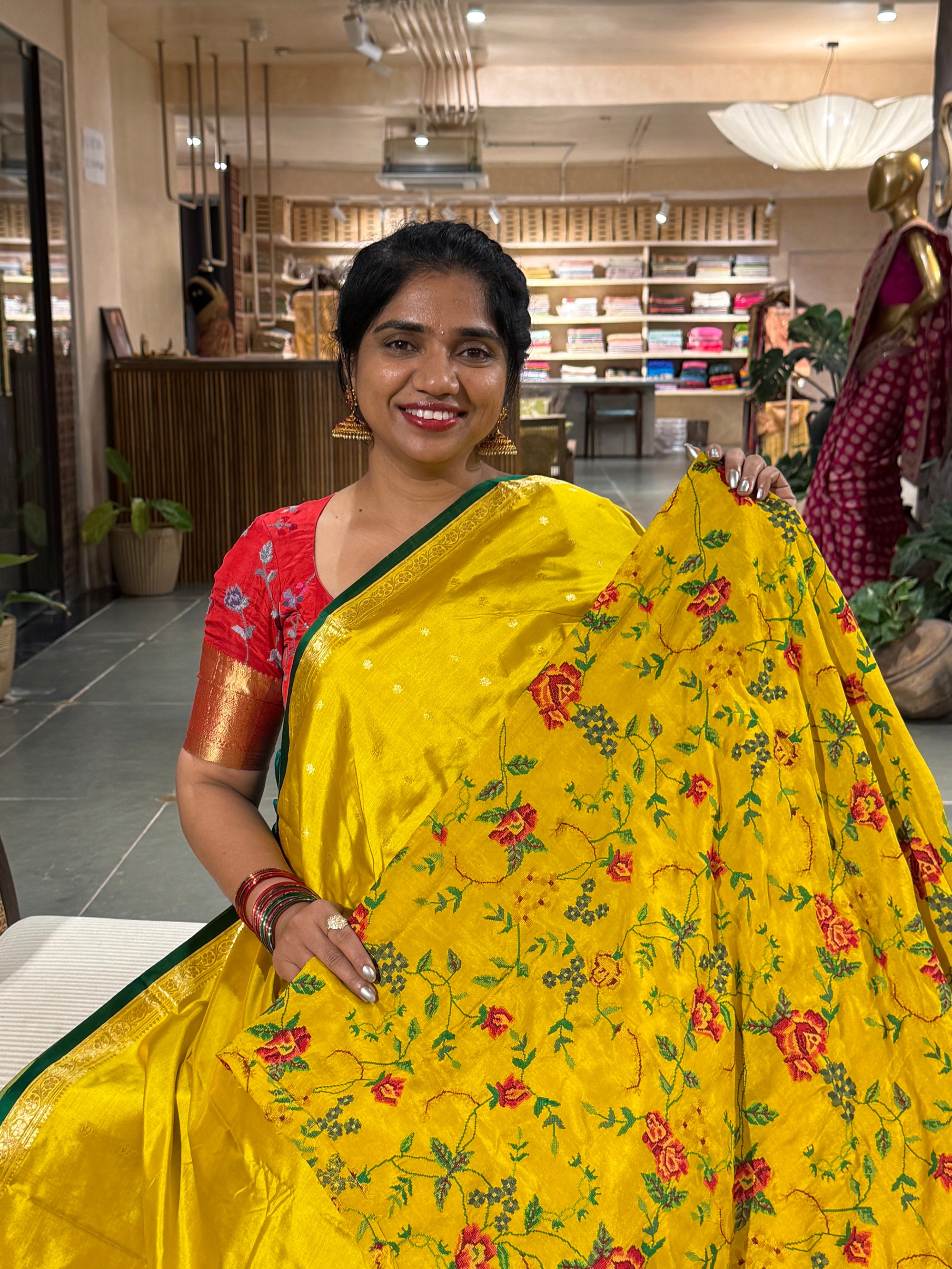 Mango yellow-Banarasi Katan Silk Saree With Petite Point Embroidered Silk Blouse
