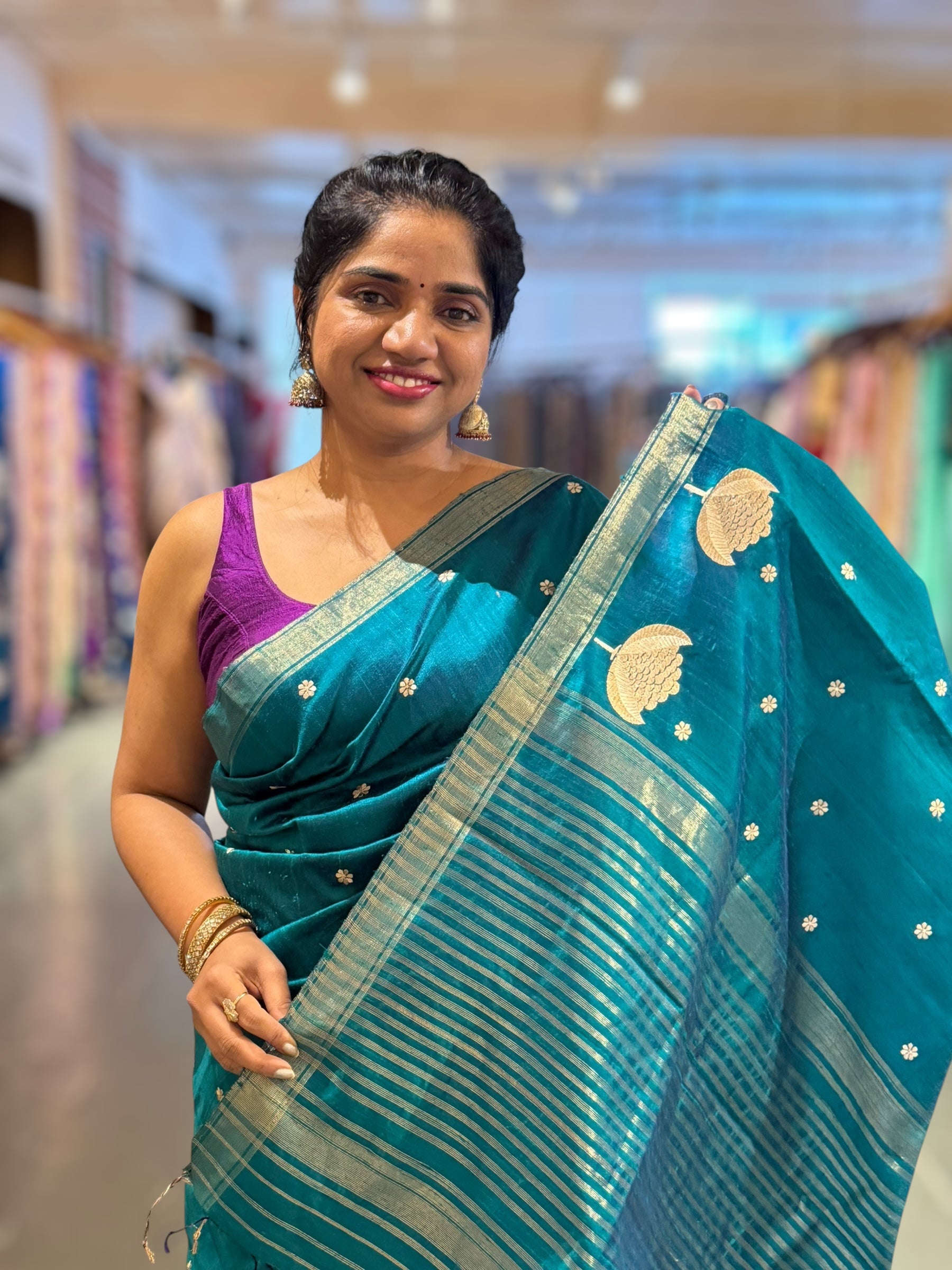 Peacock Blue Pure Handloom Raw Silk Saree