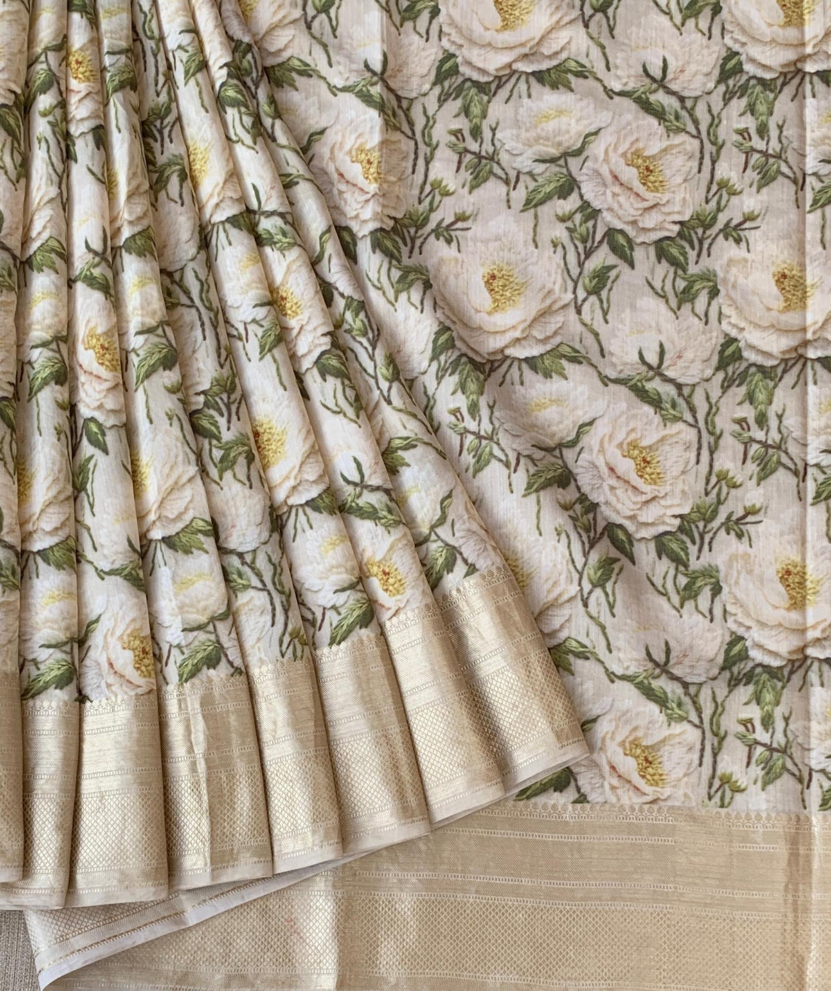Ivory Pure Handloom Chiniya Silk Saree with stunning 3D Floral Print and zari borders