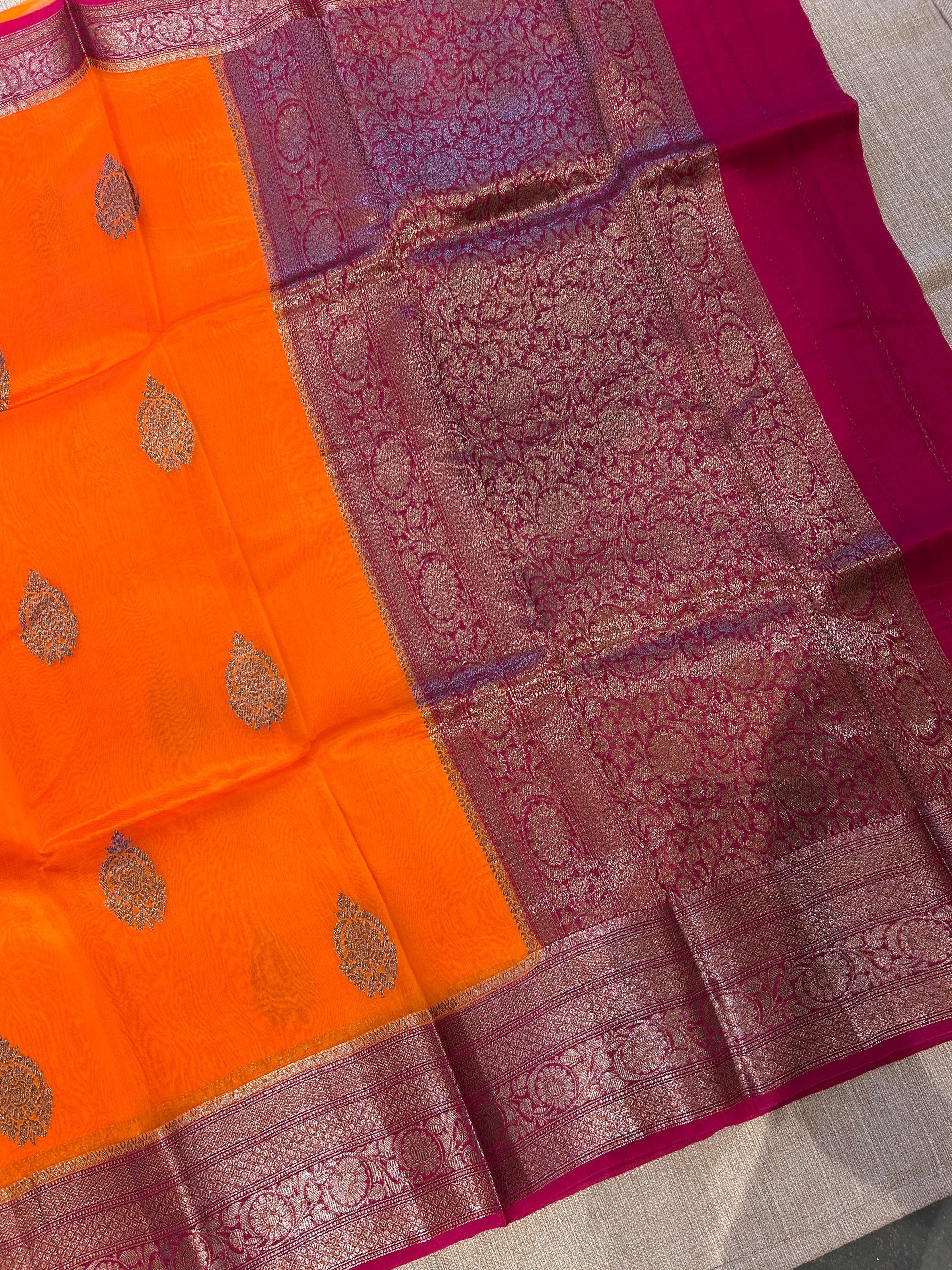 Orange & Ruby Pink Pure Handloom Kora Banarasi Saree