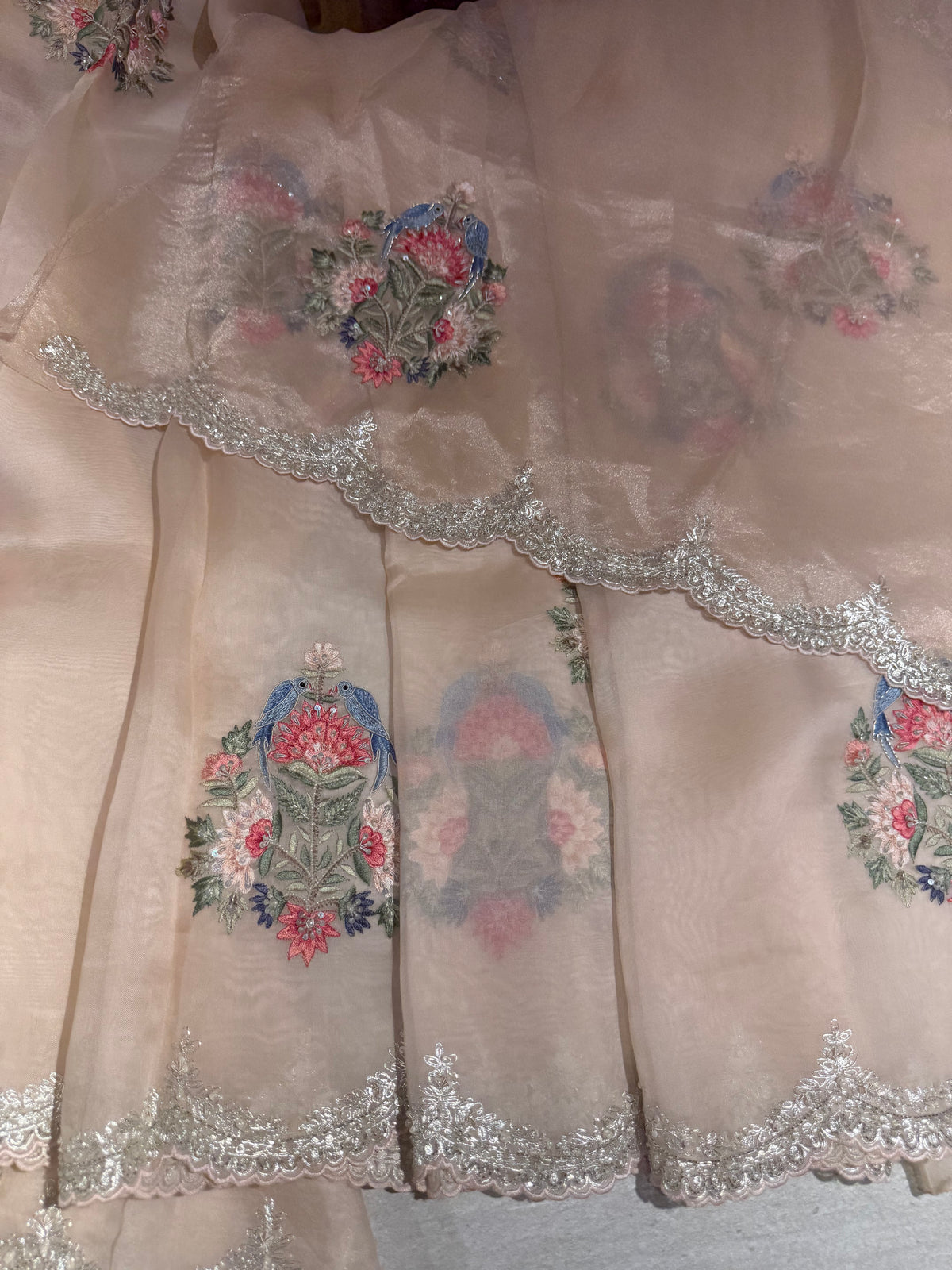 Nude Pink pure Organza handwork saree