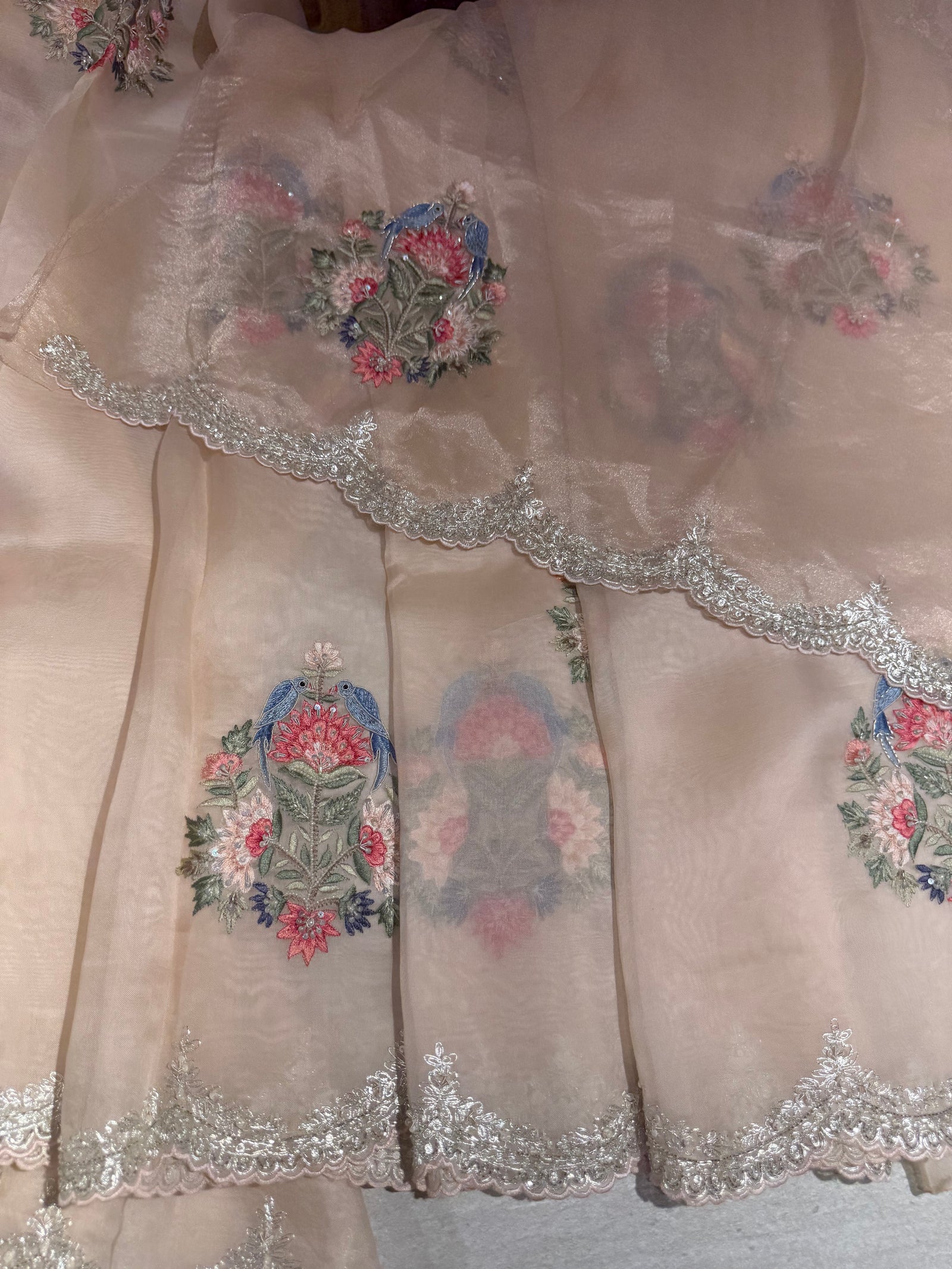 Nude Pink pure Organza handwork saree