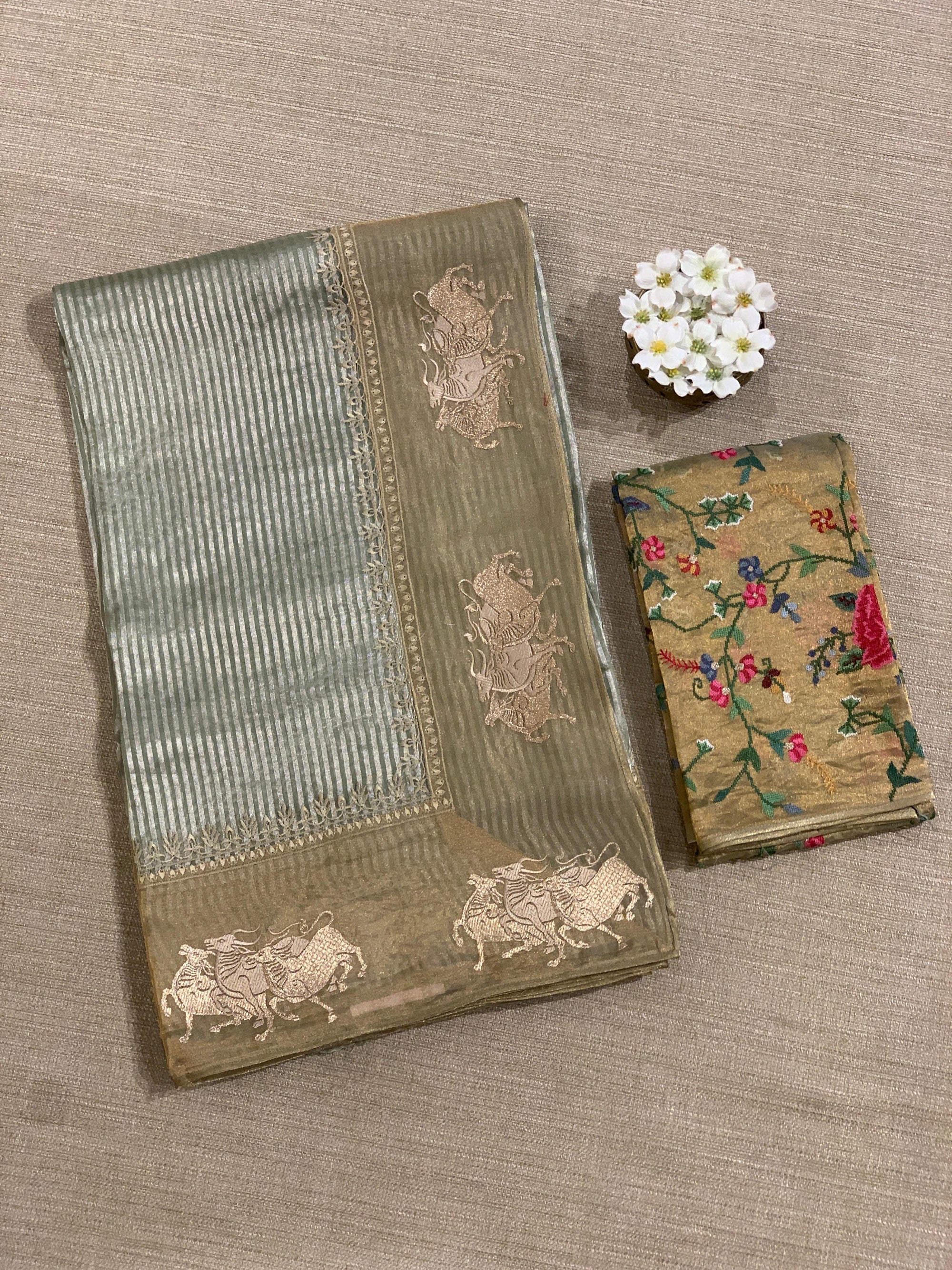 Mint Kora tissue stripes Saree with Nandi embroidered tissue border